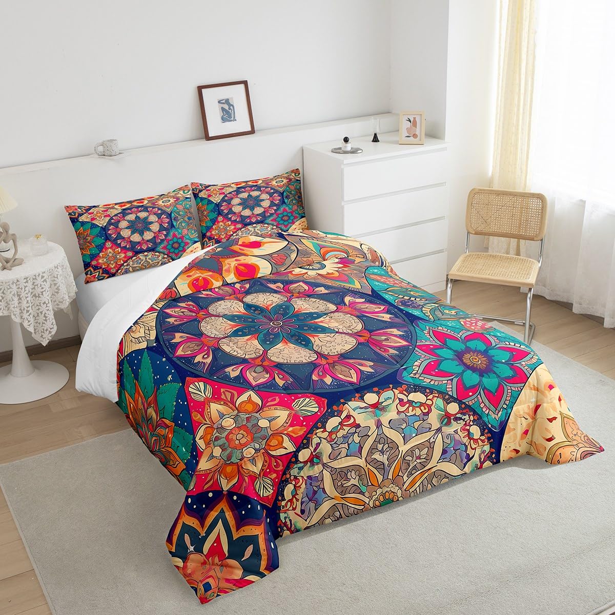 jejeloiu Hippie Mandala Bedding Set Full Size Kids Boho Mandala Comforter for Boys Girls Tribal Native Comforter Set Yellow Duvet Set Room Decorations Quilt Set