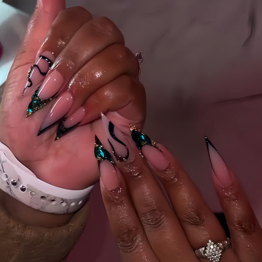 Long Press on Nails Stiletto Fake Nails French False Nails Pink Artificial Nails with Green Rhinestones Designs Sparkly Acrylic Nails Press ons Cute Stick on Nails for Women 24pcs