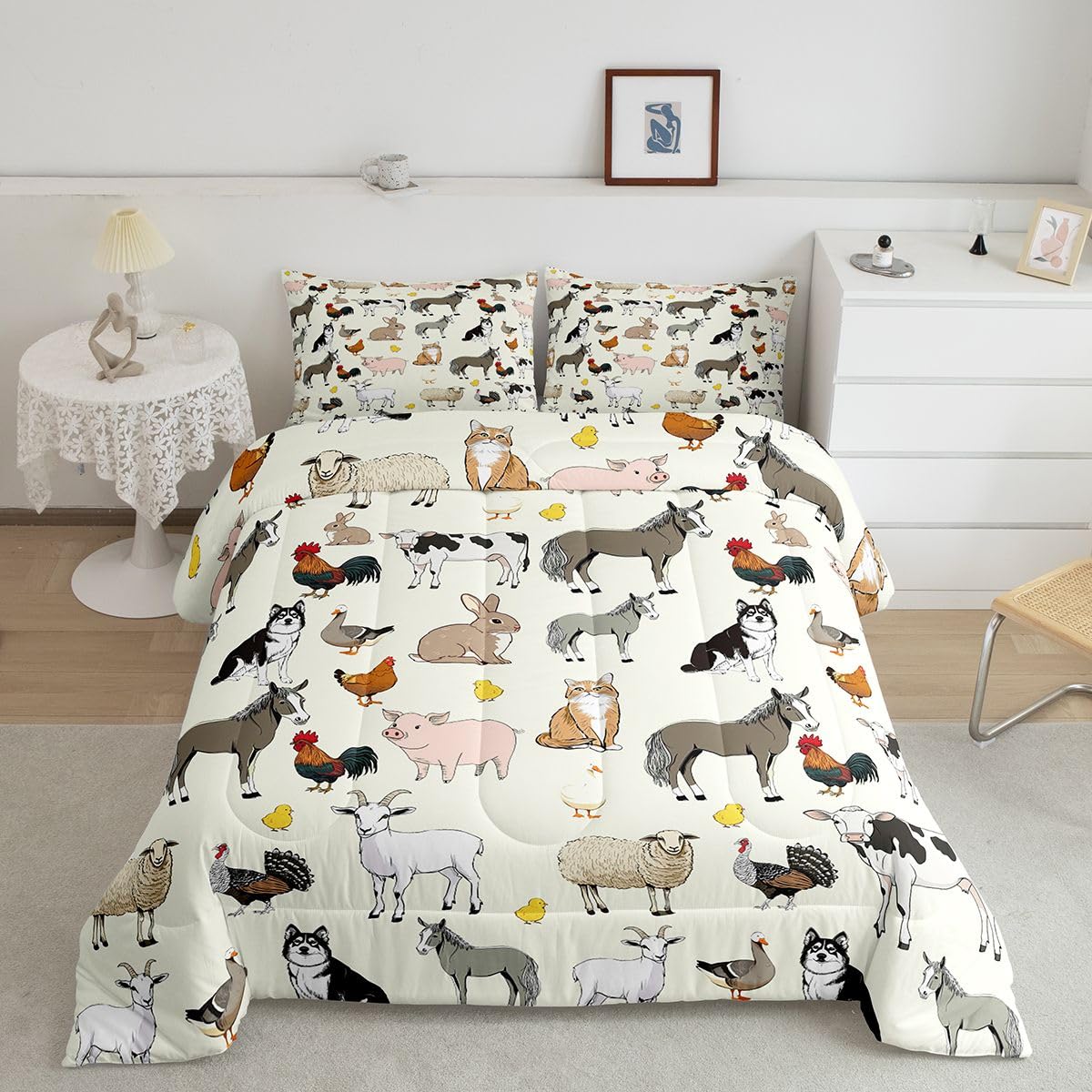 Feelyou Beige Farm Animal Comforter Set Toddler Size Cute Animal Bedding Set for Kids Boys Girls Farm Theme Duvet Quilt Cartoon Bedroom Decor 2 Pcs with 1 Pillow Cases