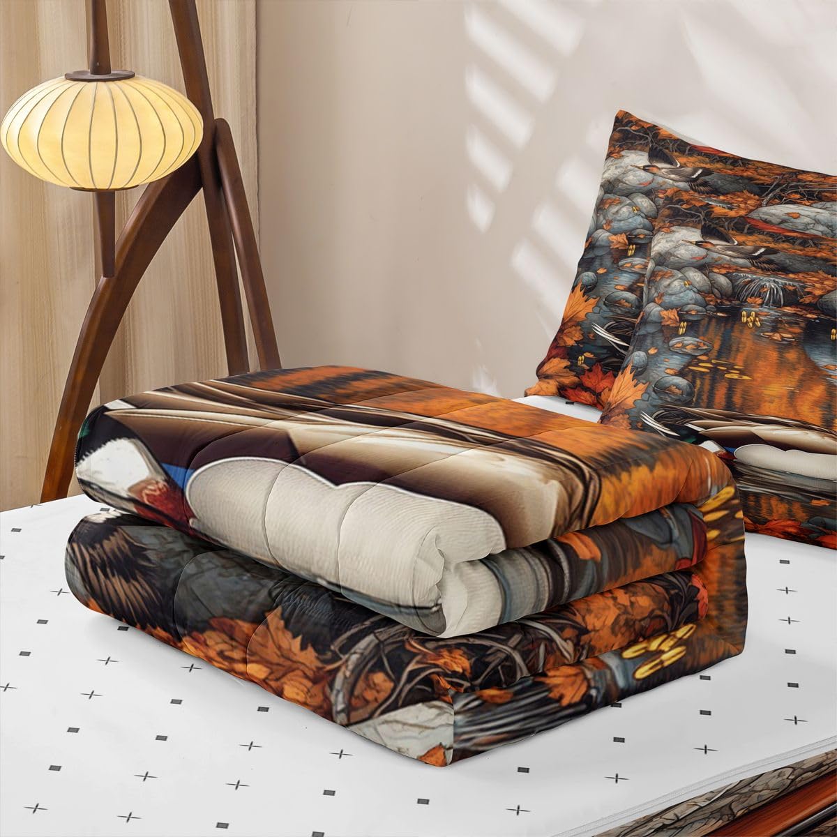 jejeloiu Mallard Duck Twin Zipper Bedding Set Hunting Wildlife Kids Comforter Set with Fitted Sheet and 2 Pillowcases Autumn Pond Bed in a Bag Duck Zip Up Bedding Soft Microfiber