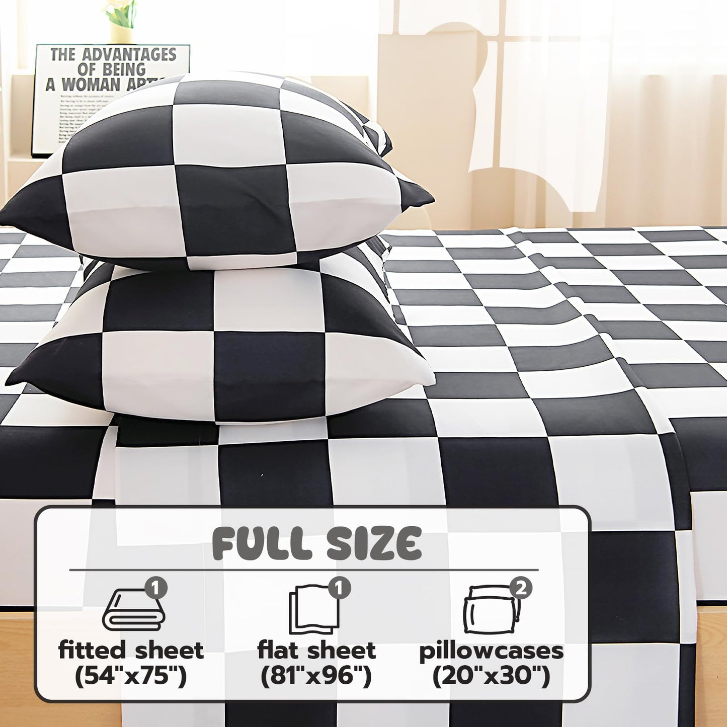 Homilay Full Sheet Set Kids - Black&White Plaid 4 Pieces Soft Microfiber Cartoon Style Bedsheets for Boys Girls Teens, Oeko TEX Breathable 15 Inch Deep Pocket Sheets(Chequered Flag)