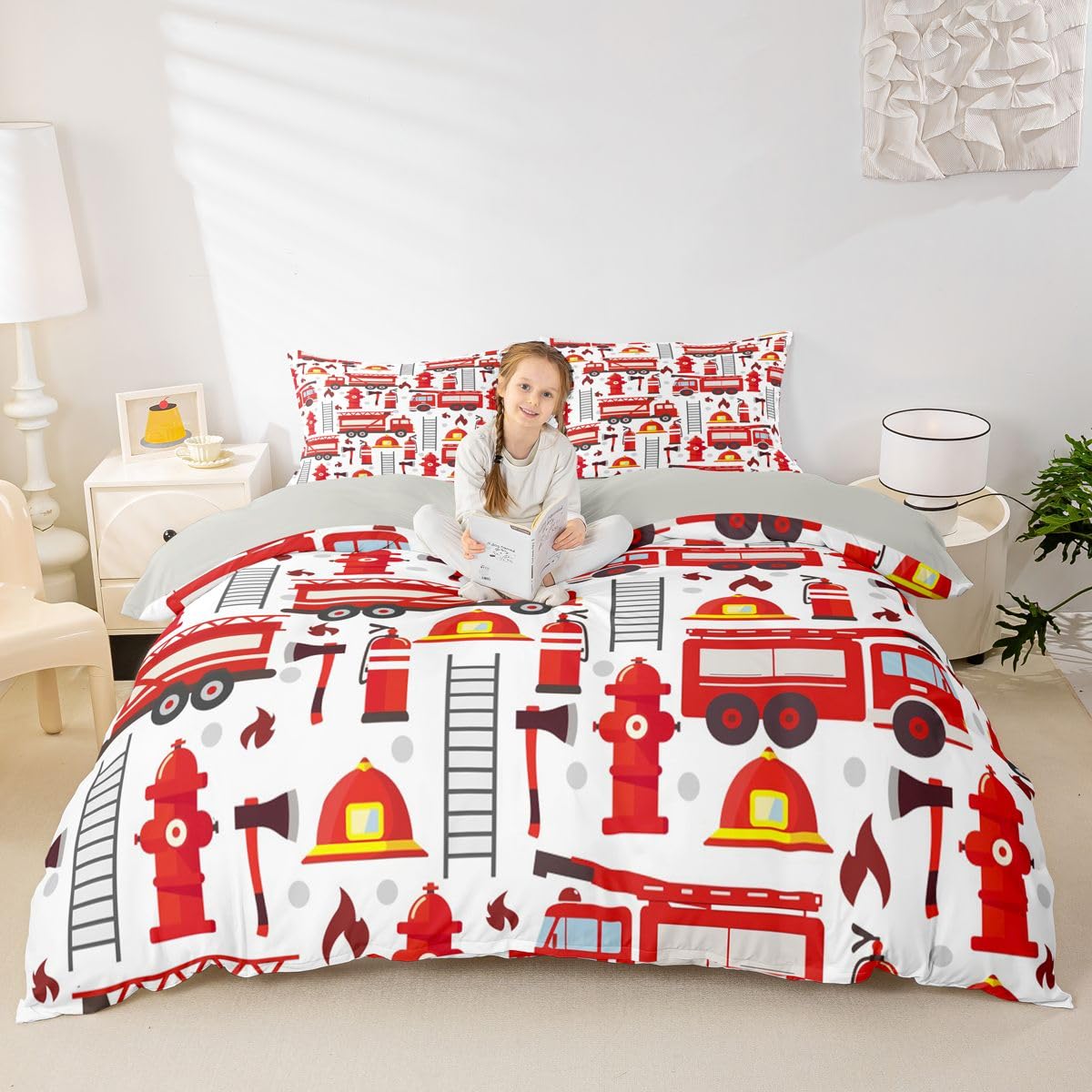 Fire Truck Bedding Set for Kids Boys Red Fire Fighting Supplies Pattern Comforter Cover Set Helmet Ladder Fire Extinguisher Fire Hydrant Print Duvet Cover Girls Adult Teens Fire Theme Beddings, King