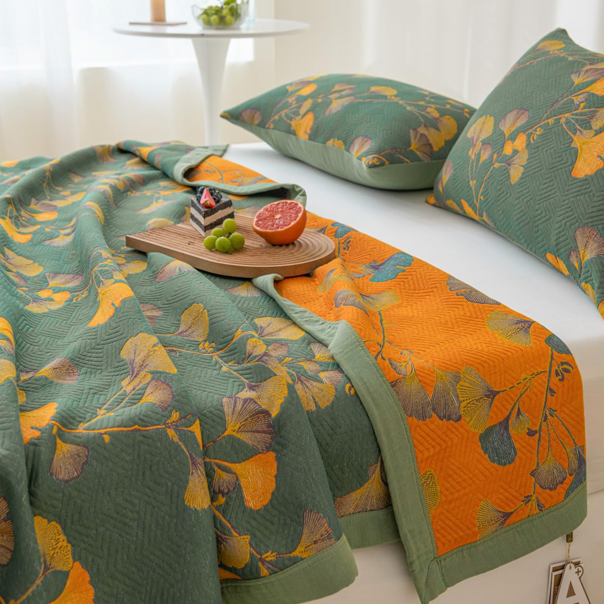 Purefair 100% Cotton Jacquard Quilt Floral Ginkgo Leaves Print,Soft Muslin Bed Cover 3 Layers Reversible Bedspread Coverlet Breathable Lightweight Bedding,Full/Queen(78"x94"), No Pillow Sham