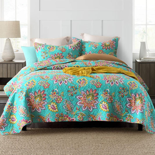 Wistown Cotton Bedspread Bedding Coverlet Quilt Sets, Reversible Vintage Branch Floral Bedspread comforters, (Vintage Turquoise Paisley Floral Pattern, Queen Size)