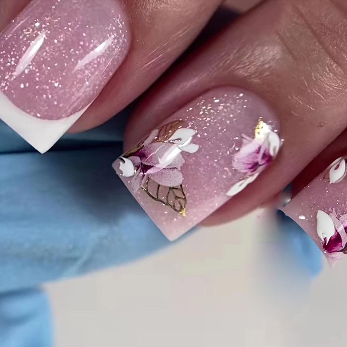 Glue on Nails Medium Length Press on Nails Square Acrylic Nails White French Tip Fake Nails Press ons Pink Full Cover Stick on Nails Flower Golden Leaves Design Artificial Nails for Girls 24Pcs