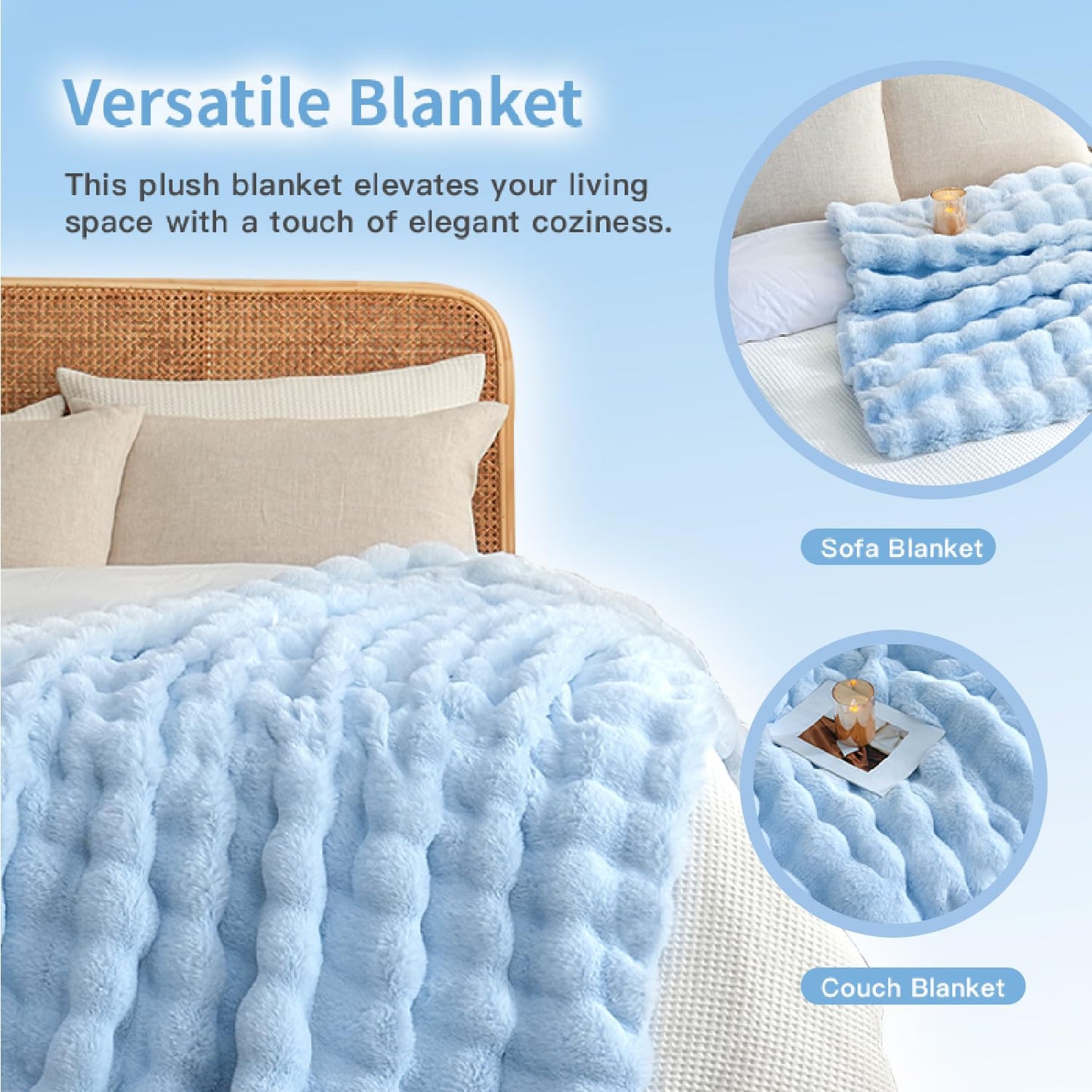 Light Blue Faux Fur Fluffy Blanket Plush Fuzzy Throw Blanket for Couch Sofa Soft Fleece Winter Warm Bubble Bed Throw, 63"x79"
