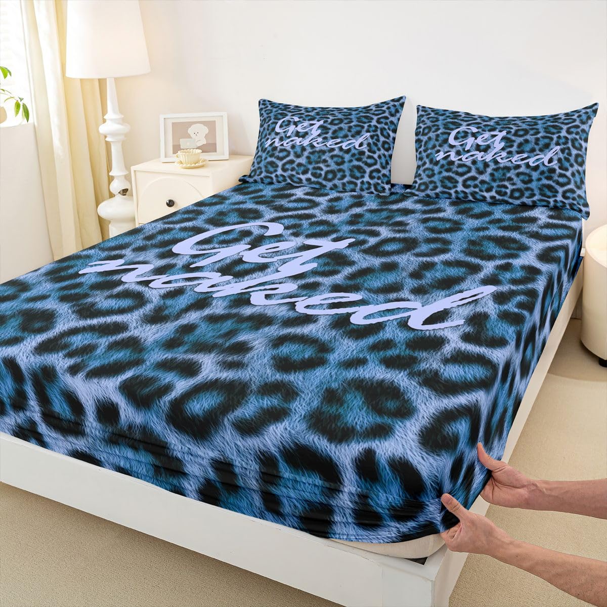Feelyou Leopard Print Get Naked Fitted Sheet Full Size for Kids Boys Girls Funny Quotes Bed Sheets Set 16" Deep Pocket Soft Microfiber Blue Black Bedding with 2 Pillowcases Cheetah Room Decor