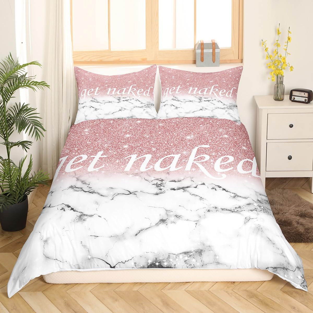 Get Naked Bedding Set King Size Marble Ombre Kids Comforter Cover Set for Boys Girls Women Girly Pink Gradient Glitter Duvet Cover Funny Quotes Bed Set Pink Grey White Room Decor (No Comforter)
