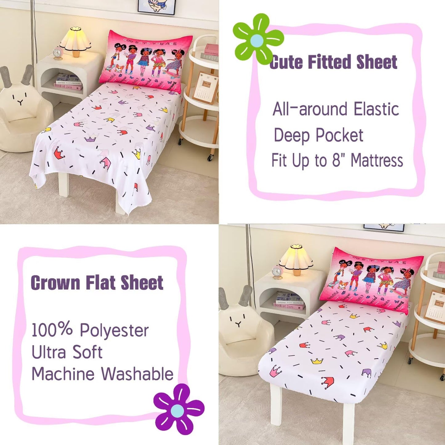 GRAT TIOC 4-Piece Toddler Bedding Set for Girls - Black Girl Magic Comforter Set Includes Comforter, Flat Sheet, Fitted Sheet, Pillowcase
