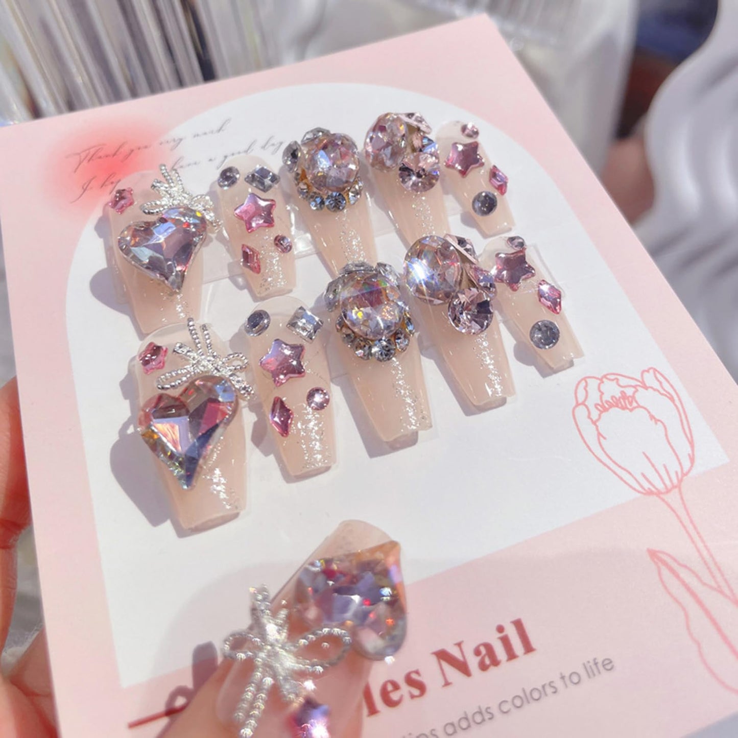 SINHOT Luxury Press on Nails - Long Coffin Fake Nails 3D Handmade Reusable False Nails with Rhinestone Designs,DIY Artificial Nail Art, 24pcs