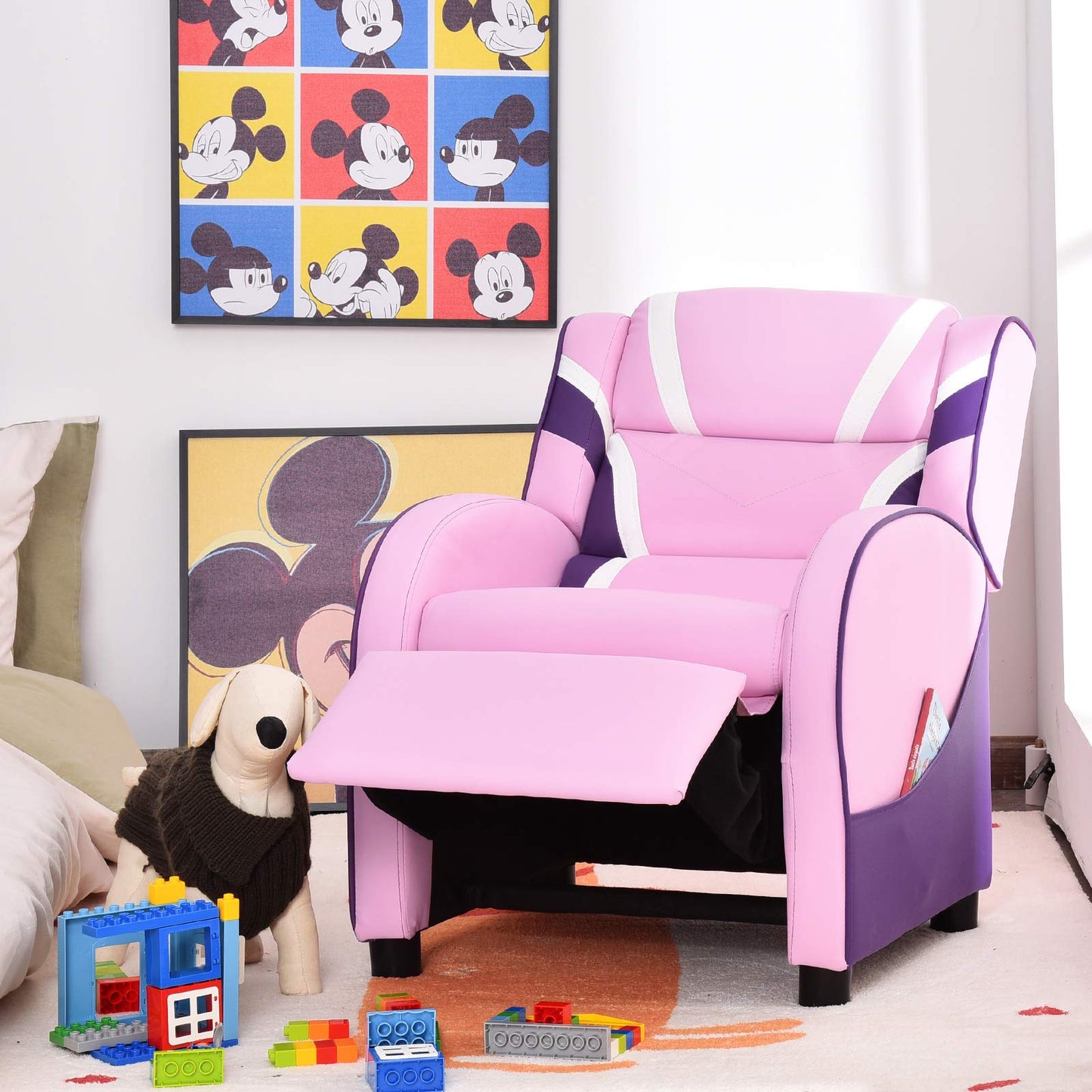 Costzon Kids Recliner, Gaming Recliner Chair w/Footrest, Headrest, Lumbar Support & Side Pockets, Ergonomic Leather Lounge Chair for Living & Gaming Room, Adjustable Recliner Sofa for Boys Girls, Pink