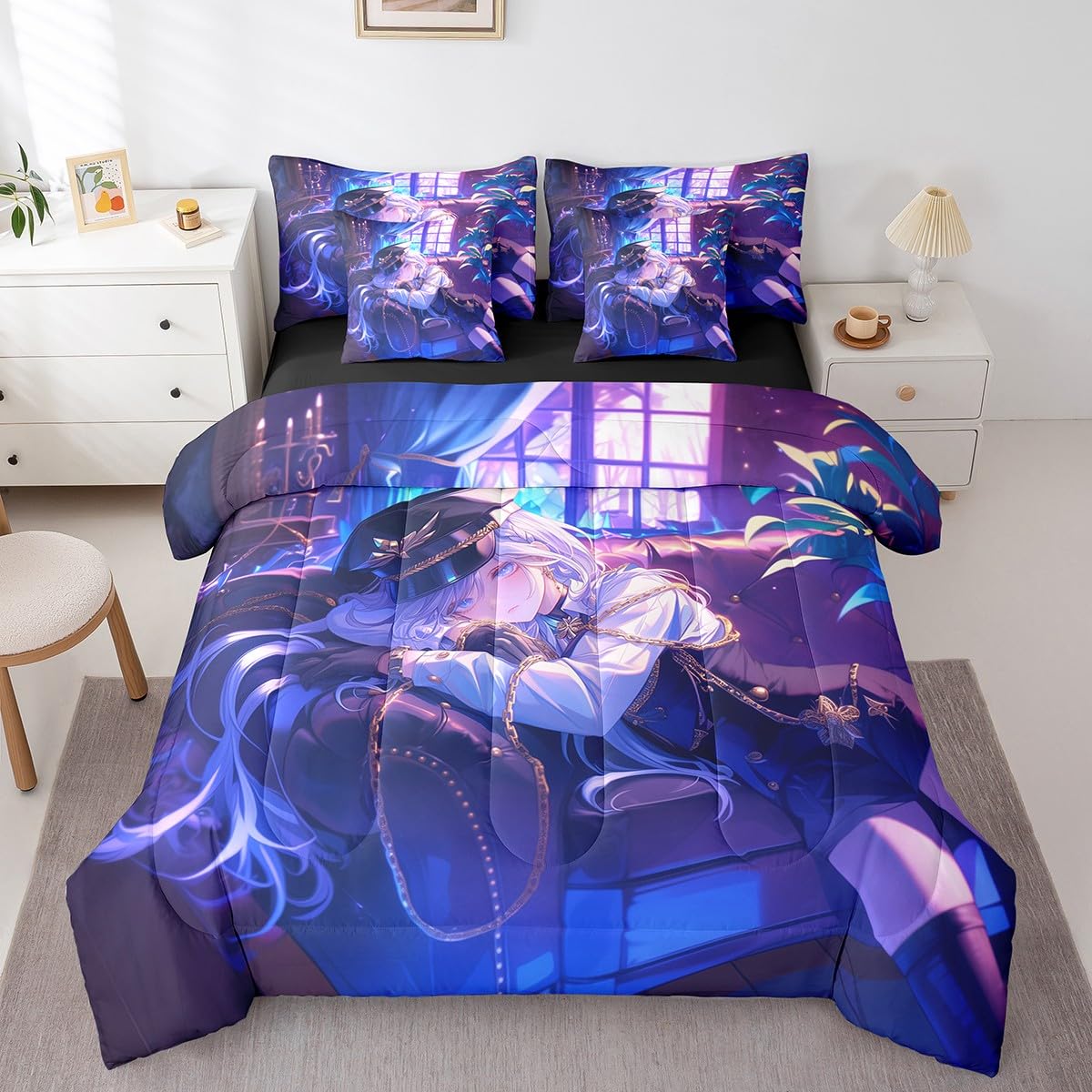 Anime Girl Comforter Set With Sheets Twin Size Japanese Anime 7 Piece Bedding Set For Kids Boys Teens Women Bedroom Decor, Cartoon Girl Bed In A Bag Japanese Animation Kawaii Bed Sets, Purple