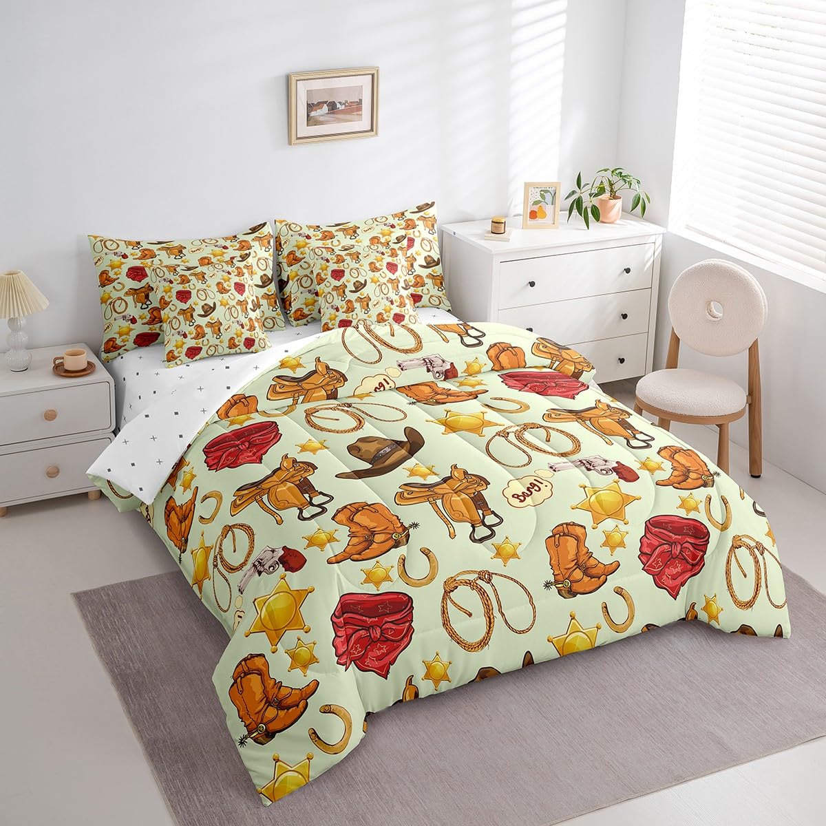 Erosebridal Cowboy Boots for Women 7 Piece Comforter Set Full Bed in a Bag,Cowboy Hat Men Bedding Sets Western Cowboy Sheet Set with Comforter