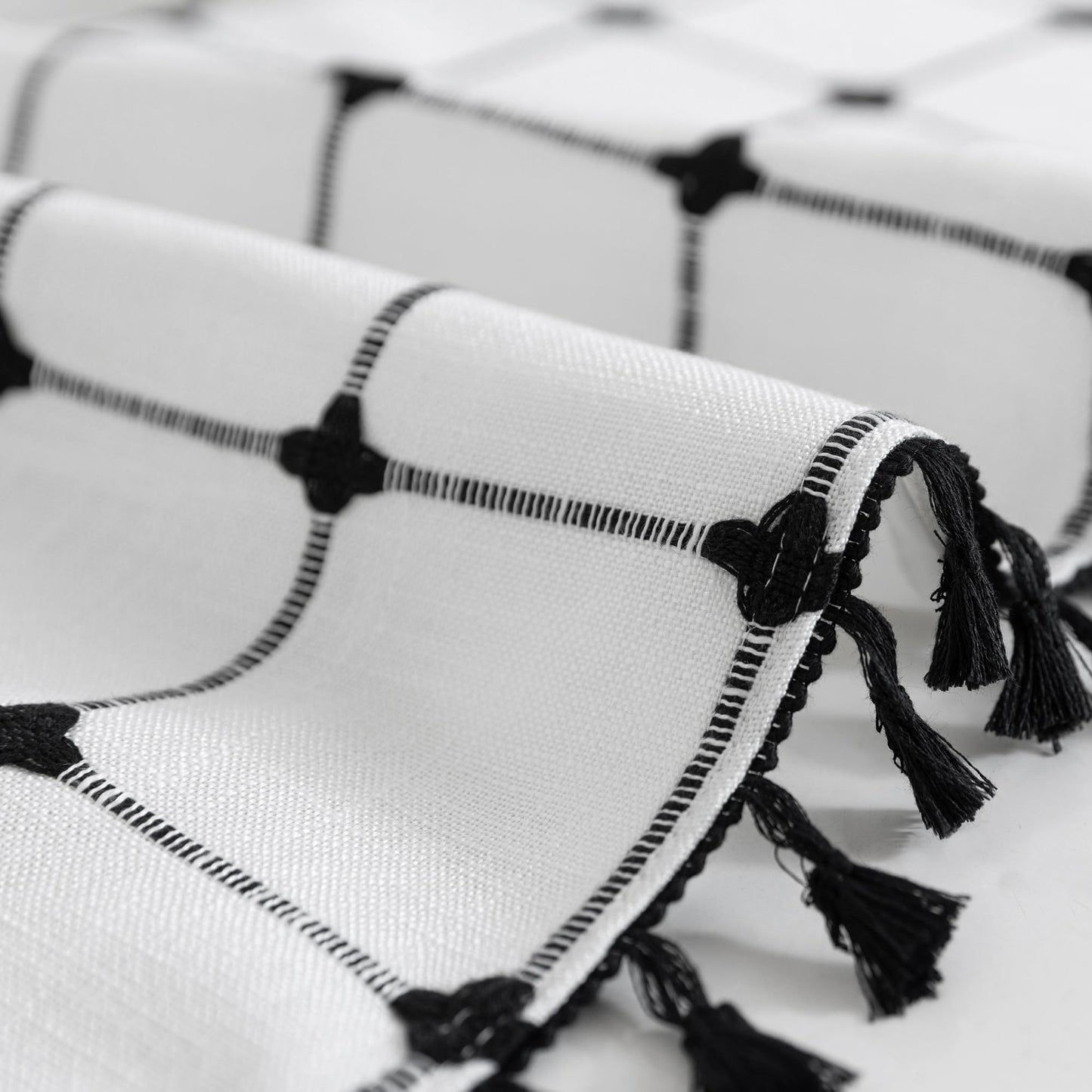 ROSERY No Hook Shower Curtain with Snap in Fabric Liner Set, Boho Farmhouse Black and White Woven Jacquard Grid Shower Curtain for Bathroom with Tassel, Checkered Pattern, 71" W x 74" L