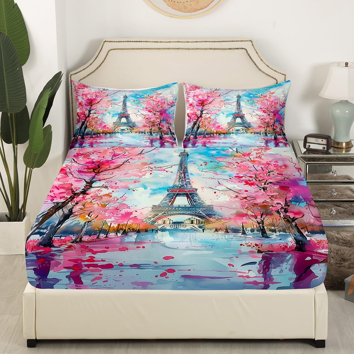 Paris Streets Fitted Sheet Full 3 Pcs,Modern Fashion Eiffel Tower Sheets Sets Breathable Bedding(No Top Sheet),Cherry Tree Ink Painting Bed Sheet with Deep Pocket,French Style Bed Cover