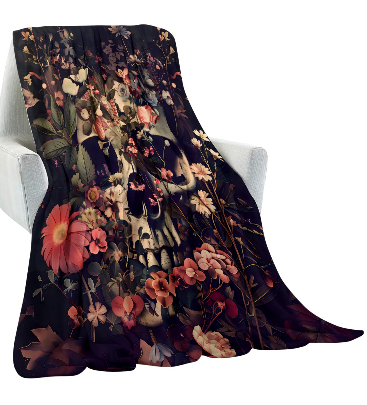 amepay Gothic Floral Skull Blanket Gifts for Kids Adult Women,Dark and Moody Goth Flannel Throw Blankets,Soft Comfy Lightweight for Halloween Couch Bed Artistic Modern Decor,Horror Lovers 60x50in