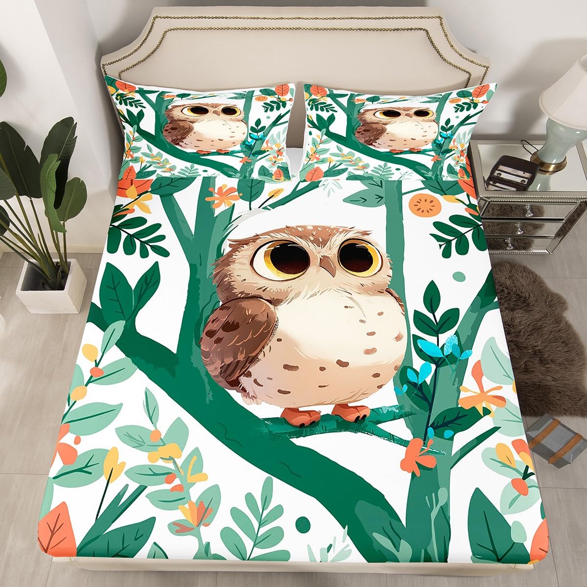 Feelyou Boys Girls Cute Owl Bed Sheets Set Queen Size, 3D Animal Printed Sheet Set Kids Bird Decor Sheets with Deep Pocket Fitted Sheet Cartoon Owls Design Teens Bedding Set Soft Bed Set 4Pcs