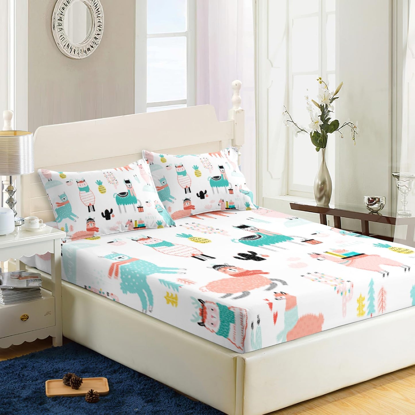 AILONEN Cute Llama Fitted Sheet Twin Size, Alpaca Cactus Print Bed Sheet Set,Cartoon Llama Alpaca Sheets Set,Lovely Tropical Animals Theme Bedsheet Set 3 Pieces,1 Fitted Sheet and 2 Pillowcases