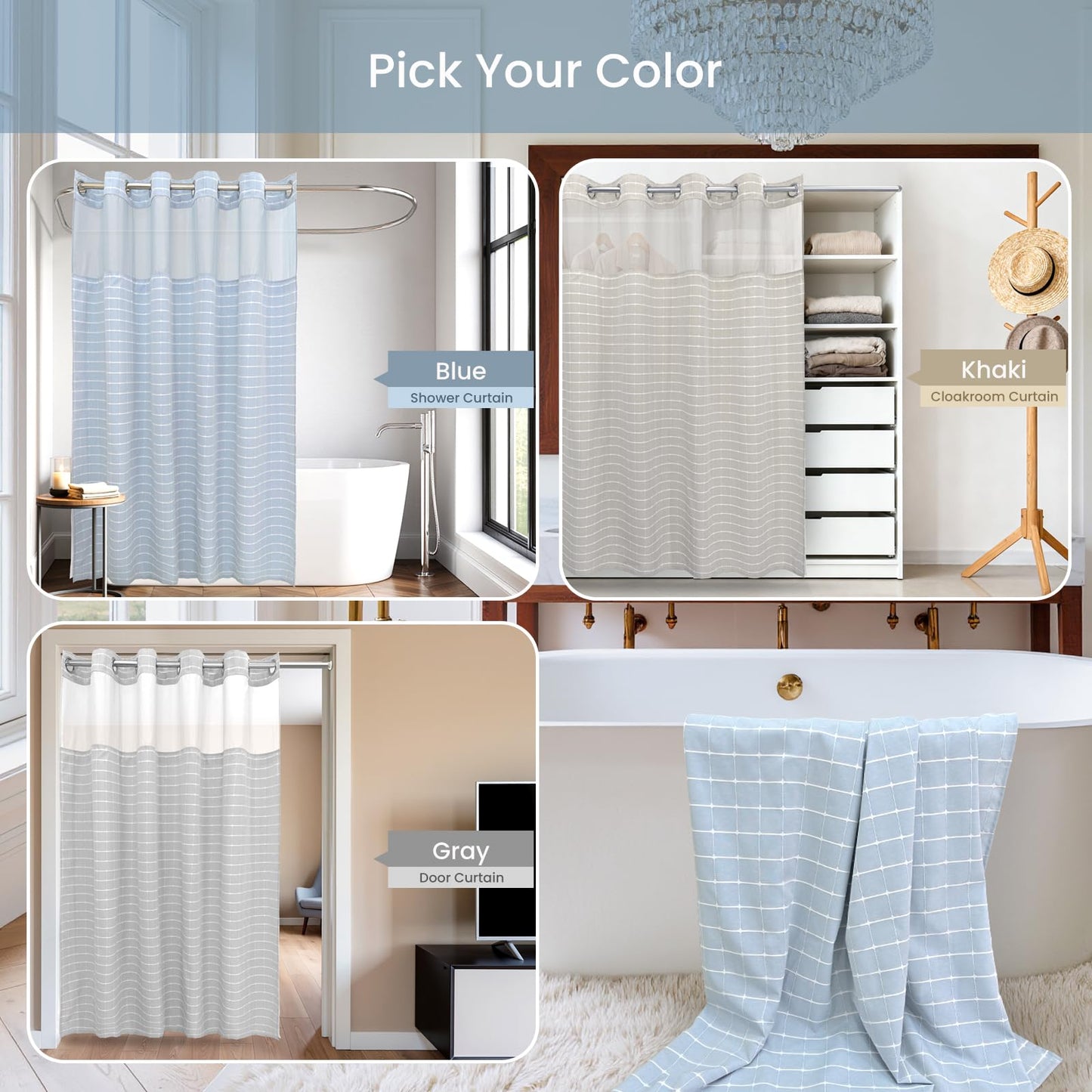DRIFTED ROOT No Hook Shower Curtain Set with Snap-in Detachable Liner and Mesh Top Window, Grid Jacquard Fabric, Water-Repellent, 4 Hem Magnets, Side Suction Cups, Blue, 72 x 86 Inch