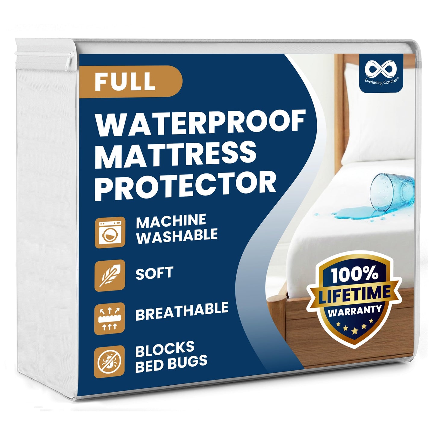 Everlasting Comfort Premium Full Size Mattress Protector - Waterproof & Hypoallergenic, Noiseless Design, Washable Cover, 18" Deep Pocket, Bed Bug & Dust Mite Proof Cover for Sleep Hygiene