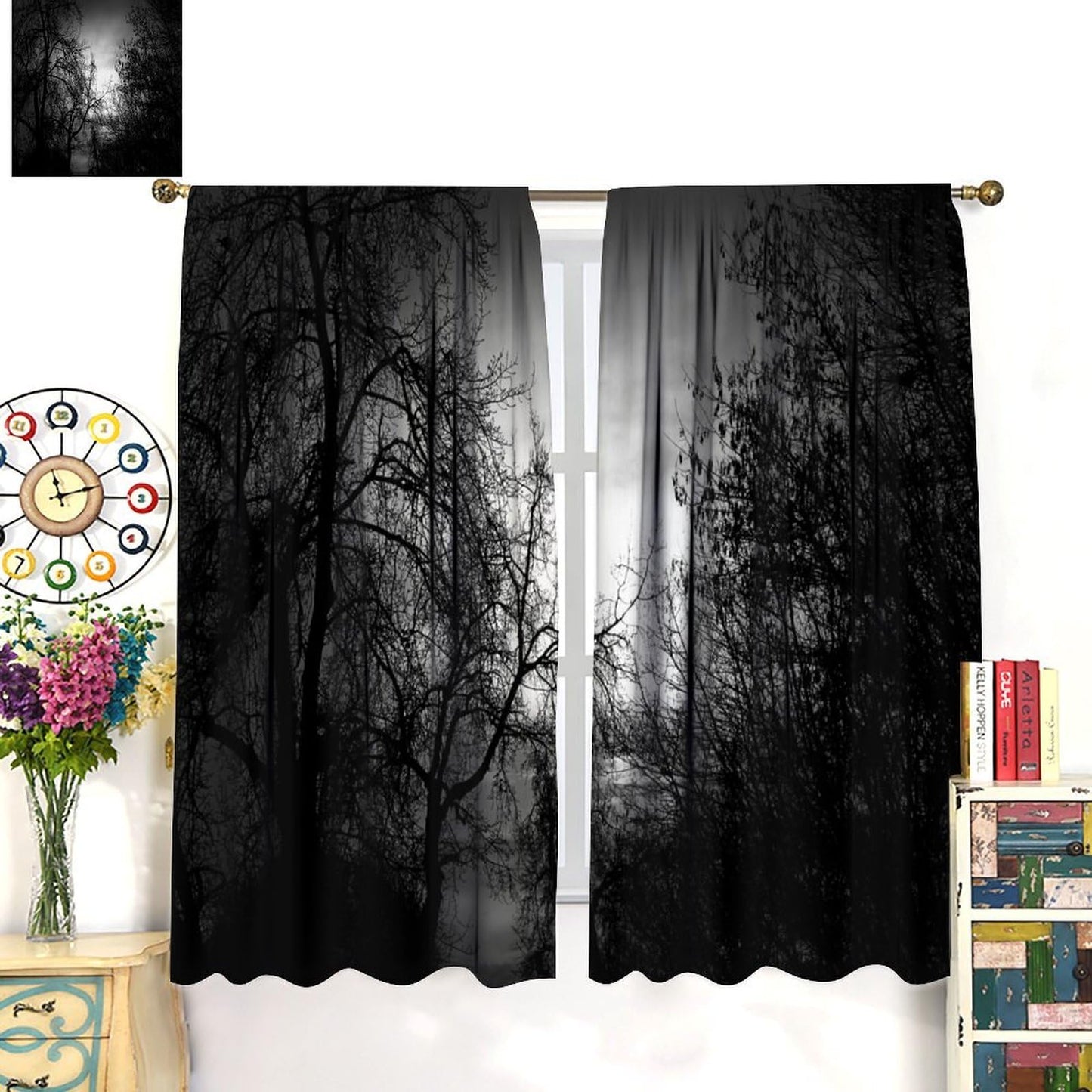 Gothic Forest Curtains Dark Black Forest Foggy Mysterious Pine Black Tree Forest Nature Scenery Blackout Window Treatments for Living Room Bedroom Window Drapes 42" W X 45" L