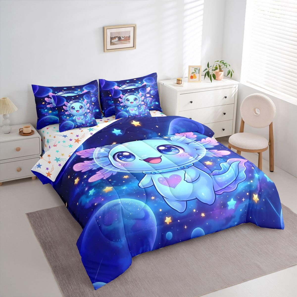 Erosebridal Kids Universe Axolotl Twin Size Bedding Set Boys Girls Cute Axolotl 7 Pieces Comforter Set with Sheets for Teens Purple Blue Starry Sky Bed in a Bag Glitter Stars Print Bed Sets