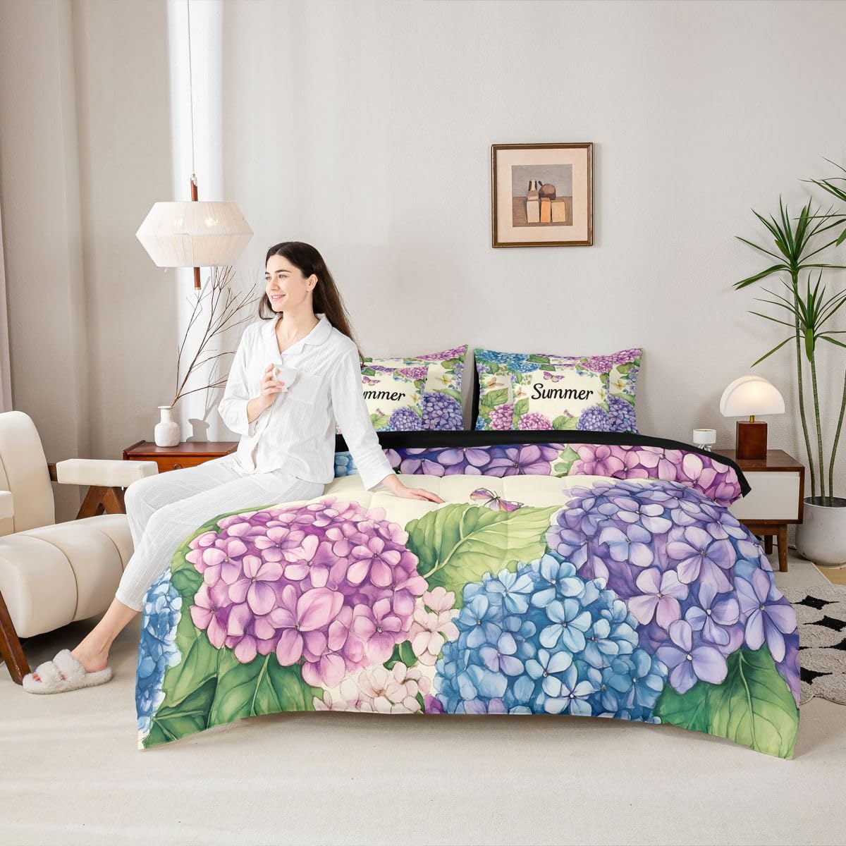 Erosebridal Watercolor Hydrange Queen Bedding Set Summer Purple Blue Floral Comforter Set Kids Girls Women Cute Butterfly 7-Piece Bed in a Bag Soft Pastel Botanical Art Quilt Sets