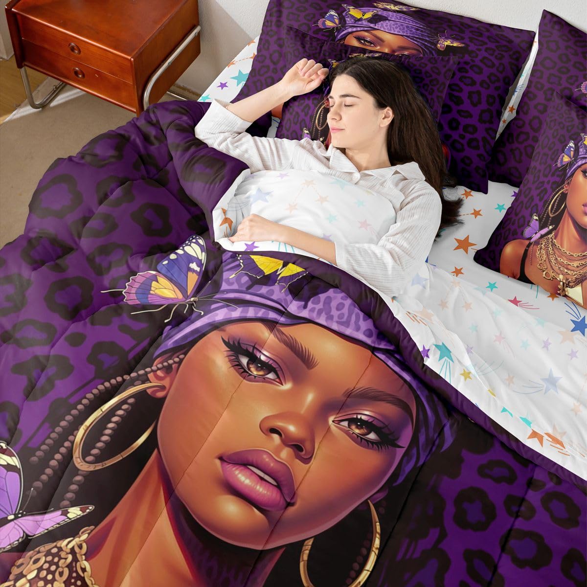 Erosebridal Black Girls Magic Queen Bedding Set Dark Purple Leopard Print Comforter Set Women Teen Coquette Butterfly 7-Piece Bed in a Bag Stylish Cheetah Headwrap Quilt Sets