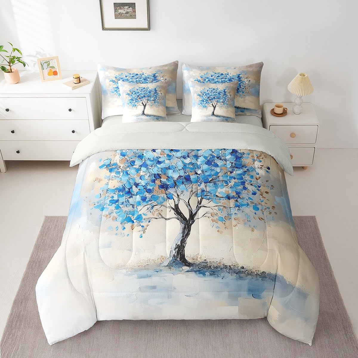Dark Blue Tree Branches Pattern 7 Pieces Bedding Set Twin Size Kids Leaf Branches Bed in a Bag with Comforter, Pillowcases Fallen Leaves Bed Set Breathable Botanical Room Comforter Set with Sheets