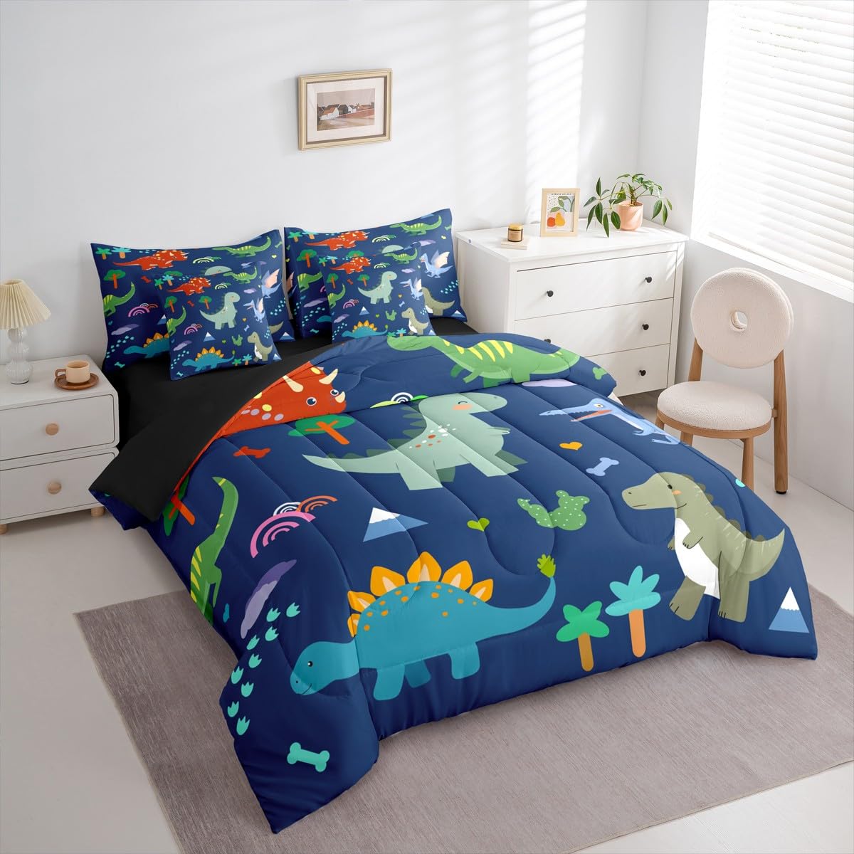 Erosebridal Cartoon 7 Piece Bedding Set King Dinosaur Comforter Set with Sheets Tree Bones Footprints Pterosaur Bed in a Bag Rainbow Triceratops Cute Dinosaur for Kids Boys Girls