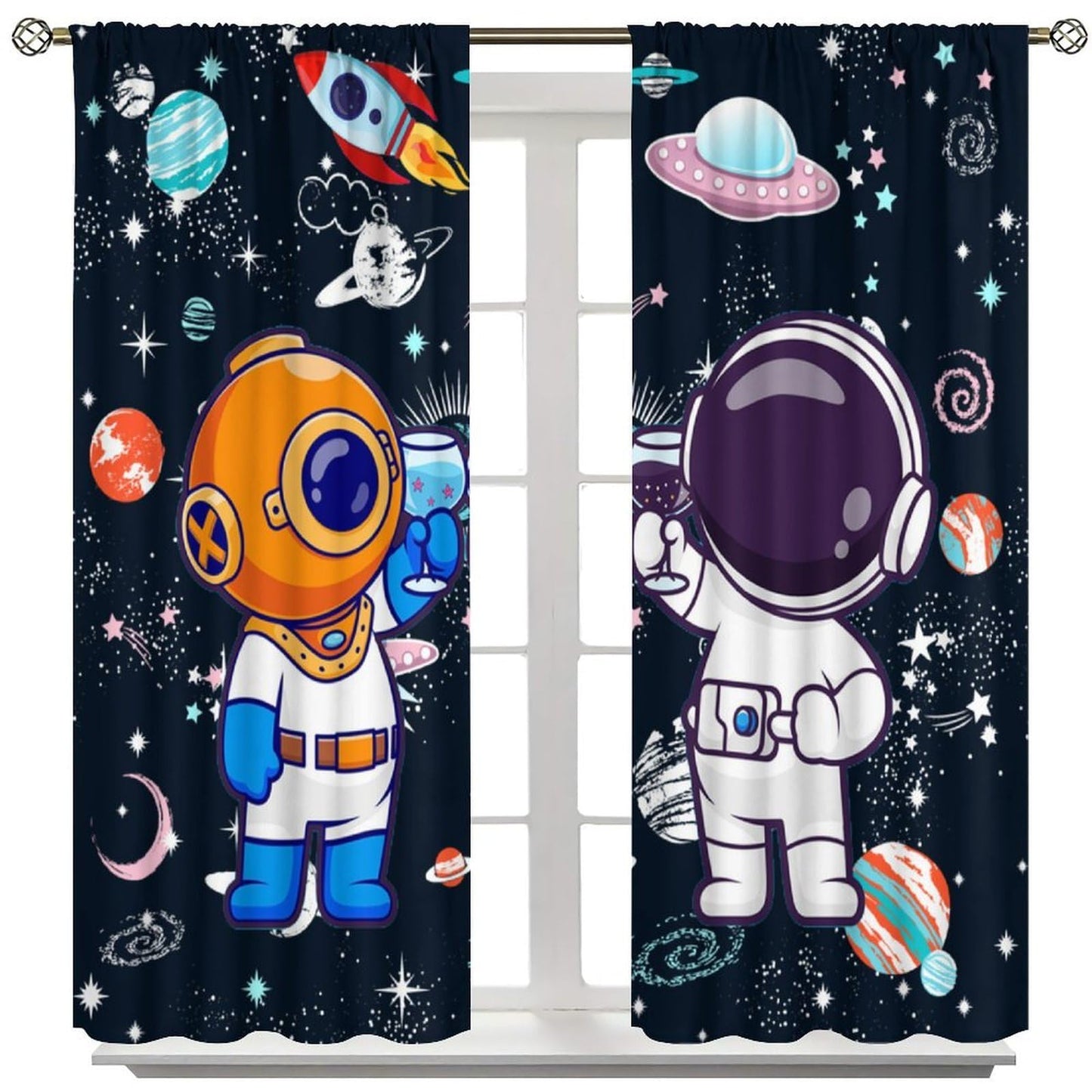 GoDazzling Cartoon Outer Space Curtains, Kids Astronaut Fantasy Window Drapes, for Boys Girls Bedroom Living Room 41" W X 45" L (No Blackout)