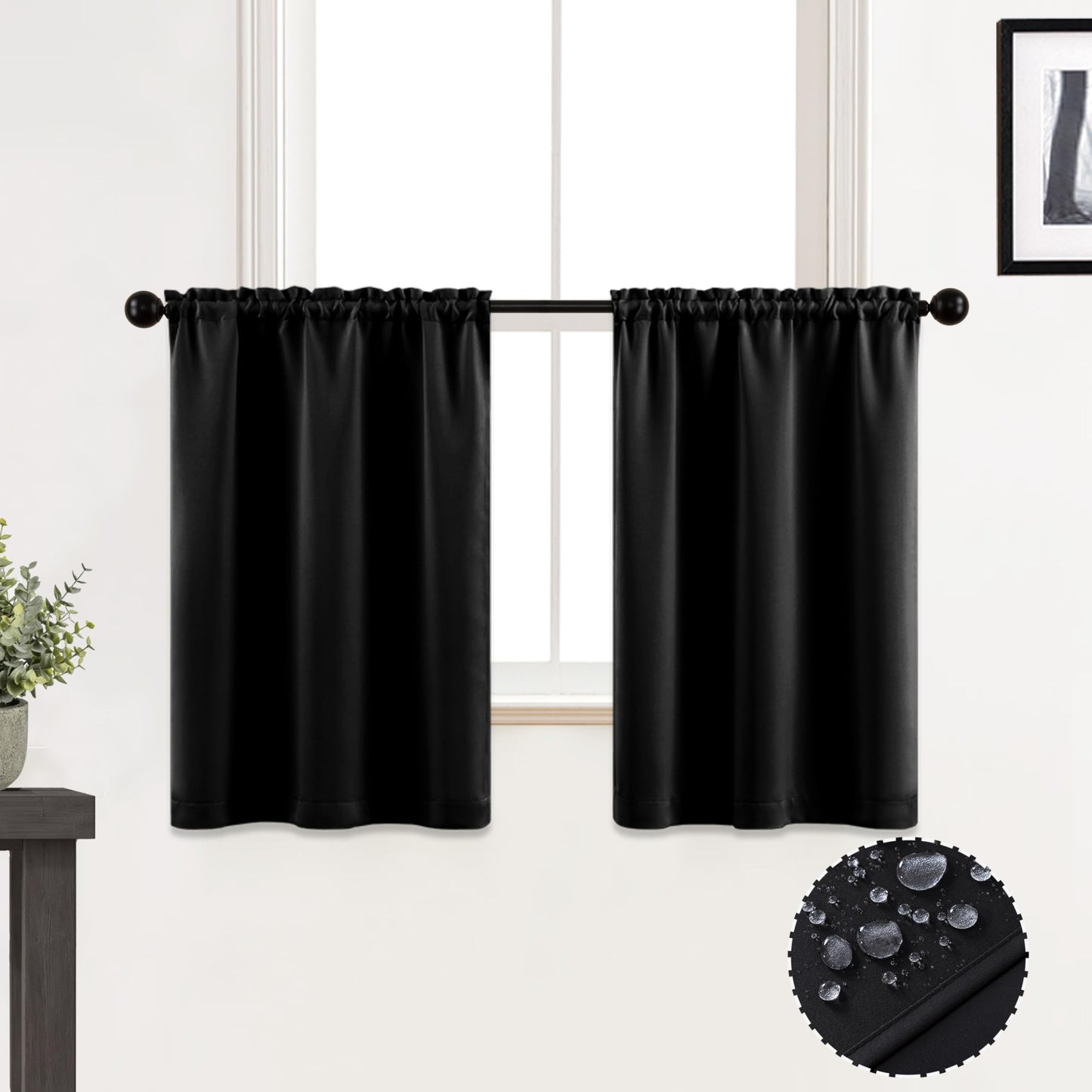 XTMYI Waterproof Fabric 30 Inch Curtains for Bathroom Kitchen Window,Mini Shower Small Short Blackout Tier Curtain Panels,Set of 2,60 Inch Wide,Black