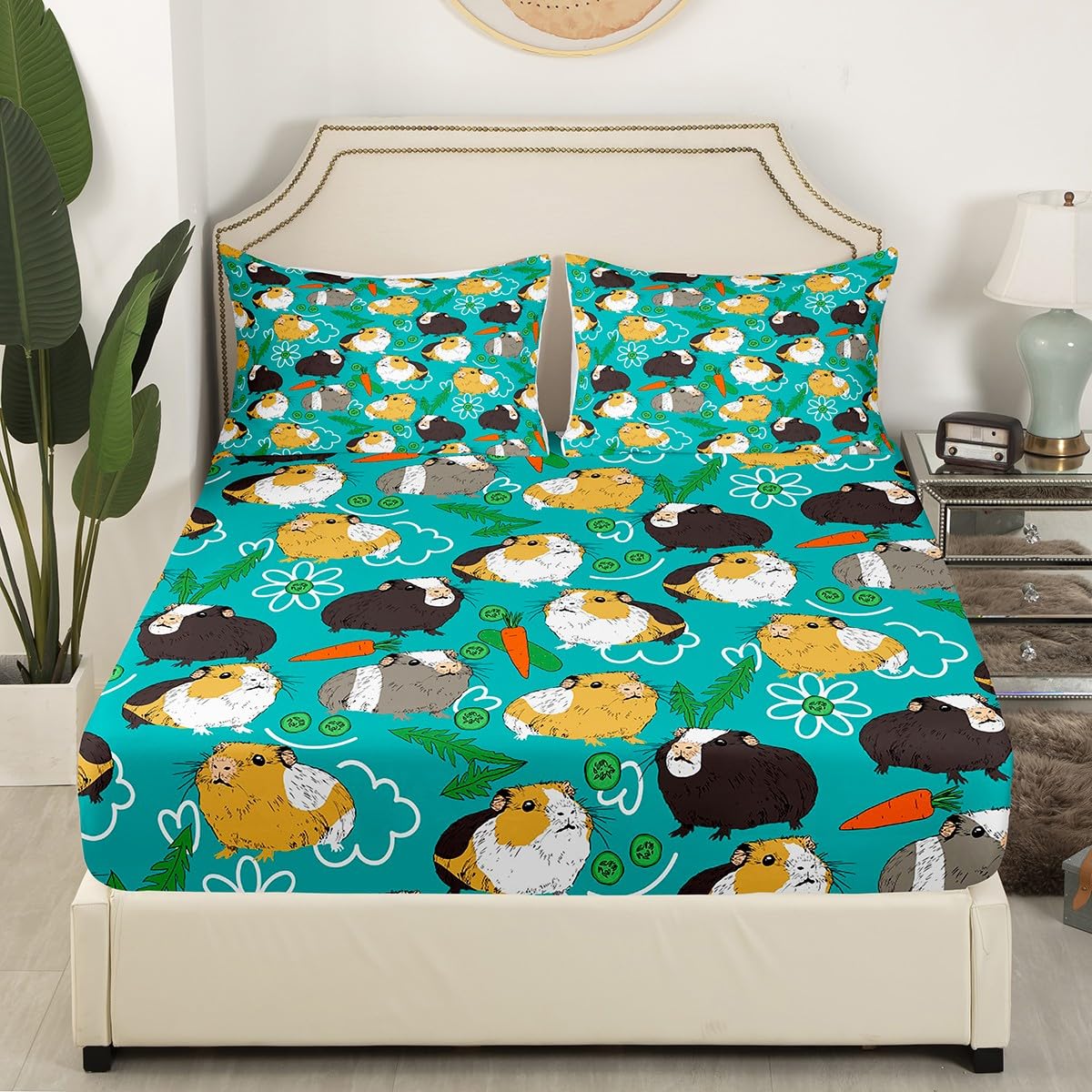Feelyou Cartoon Hamster Bedding Set for Girls Boys Cute Guinea Pig Children Bed Sheet Set Decorative Pet Animal Theme Fitted Sheet Carrot Vegetable Bed Cover 2Pcs with 1 Pillowcase Twin Size