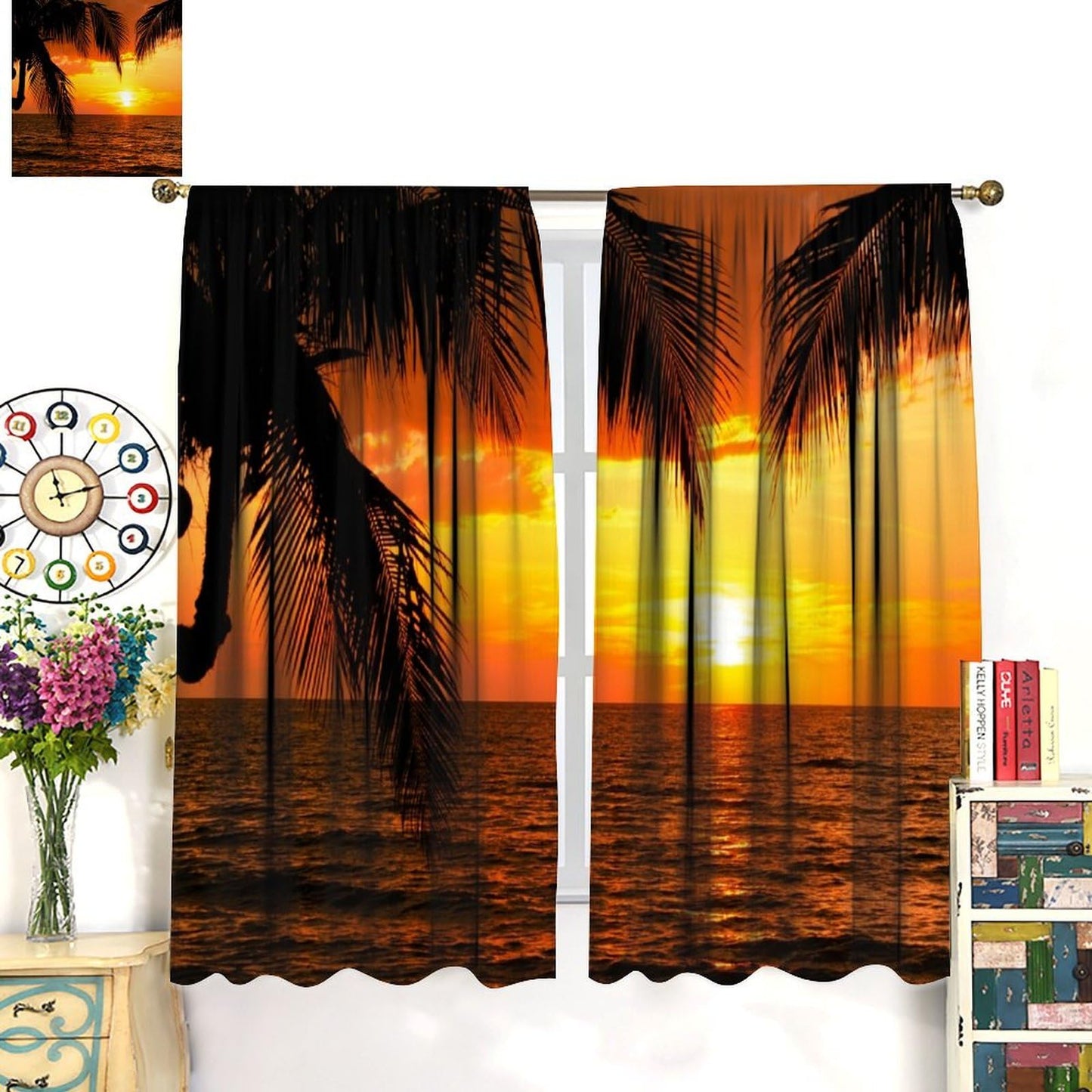 Focusbrite Tropical Ocean Sunset Window Curtains,Sea Beach Seaside Palm Tree Dusk Nature Scenery Print Decor Home Apartment Bedroom Living Room Set 2 Panels,42x45 Inches