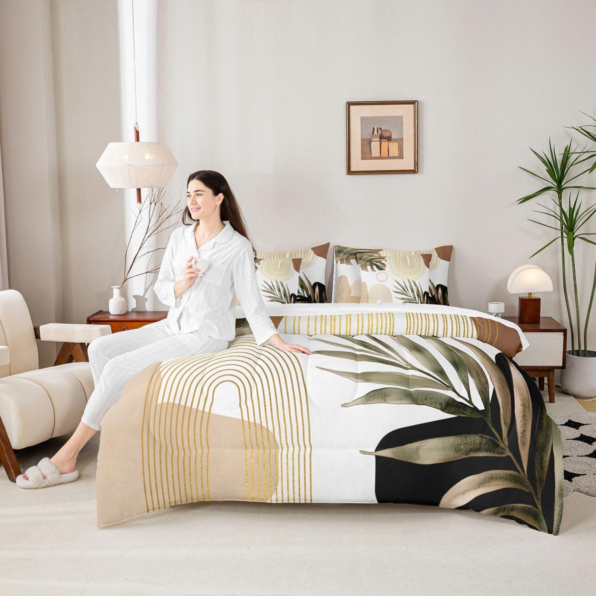 Erosebridal Boho Brown Full 7 Pcs Bedding Set, Abstract Bohemian Mid Century Aesthetic Comforter Set with Sheets, Modern Simple Minimalist Geometric Bed in A Bag, Plant Botanical Palm Leaf Bed Sets