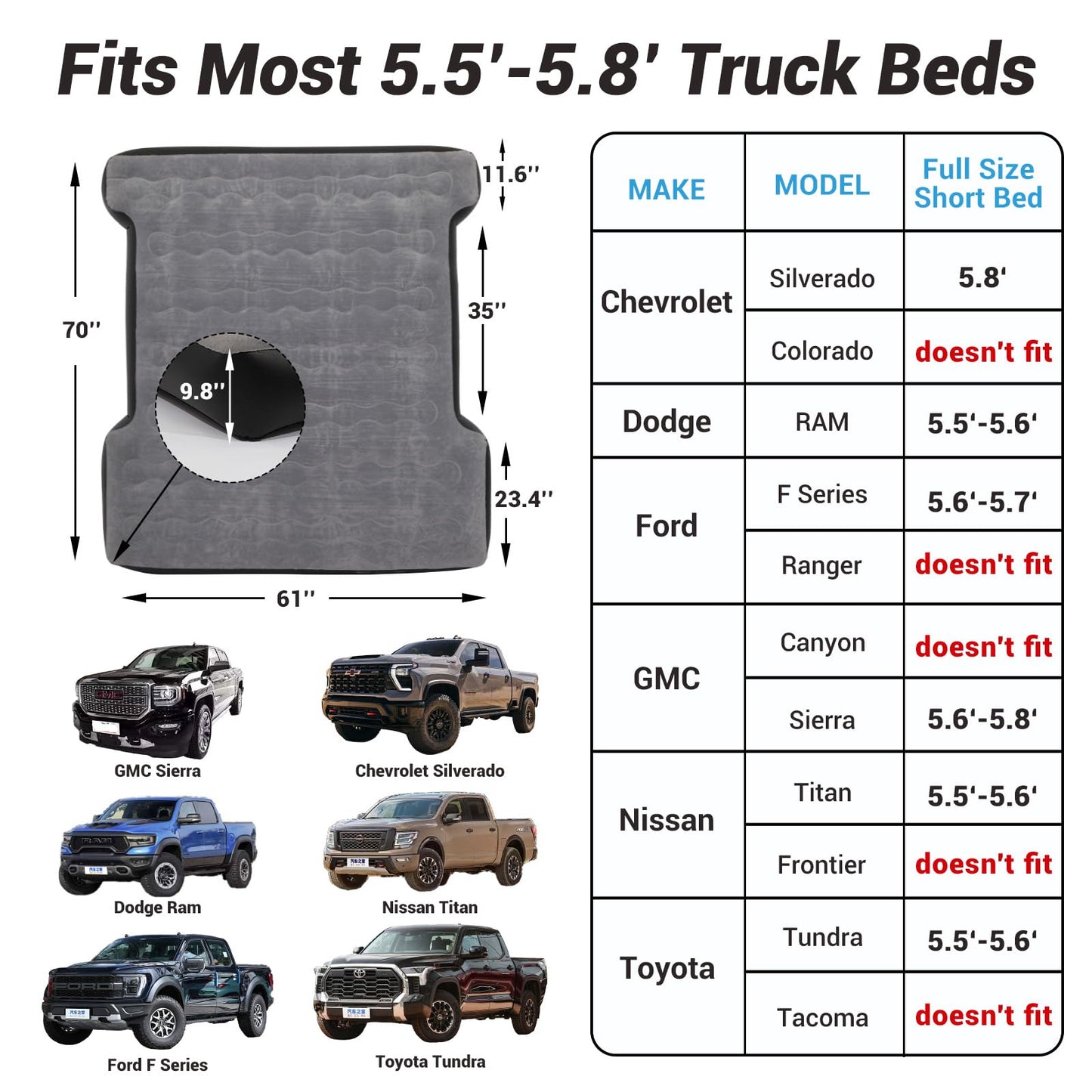 Onirii Camping Pickup Truck Bed Air Mattress for 5.5-5.8 Ft