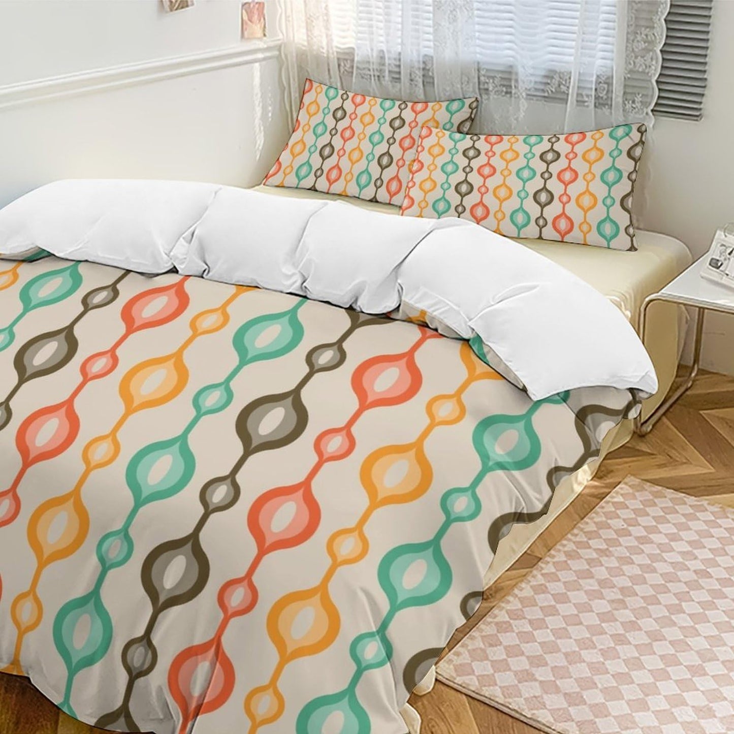 Modern Mid Century Duvet Cover Retro Atomic Bedding Set, Rainbow Grid Comforter Cover Vintage Fifties 1950s Bed Set, Abstract Art Bedding 3 Piece (1 Duvet Cover 86"x70" + 2 Pillow Sham 20"x30")