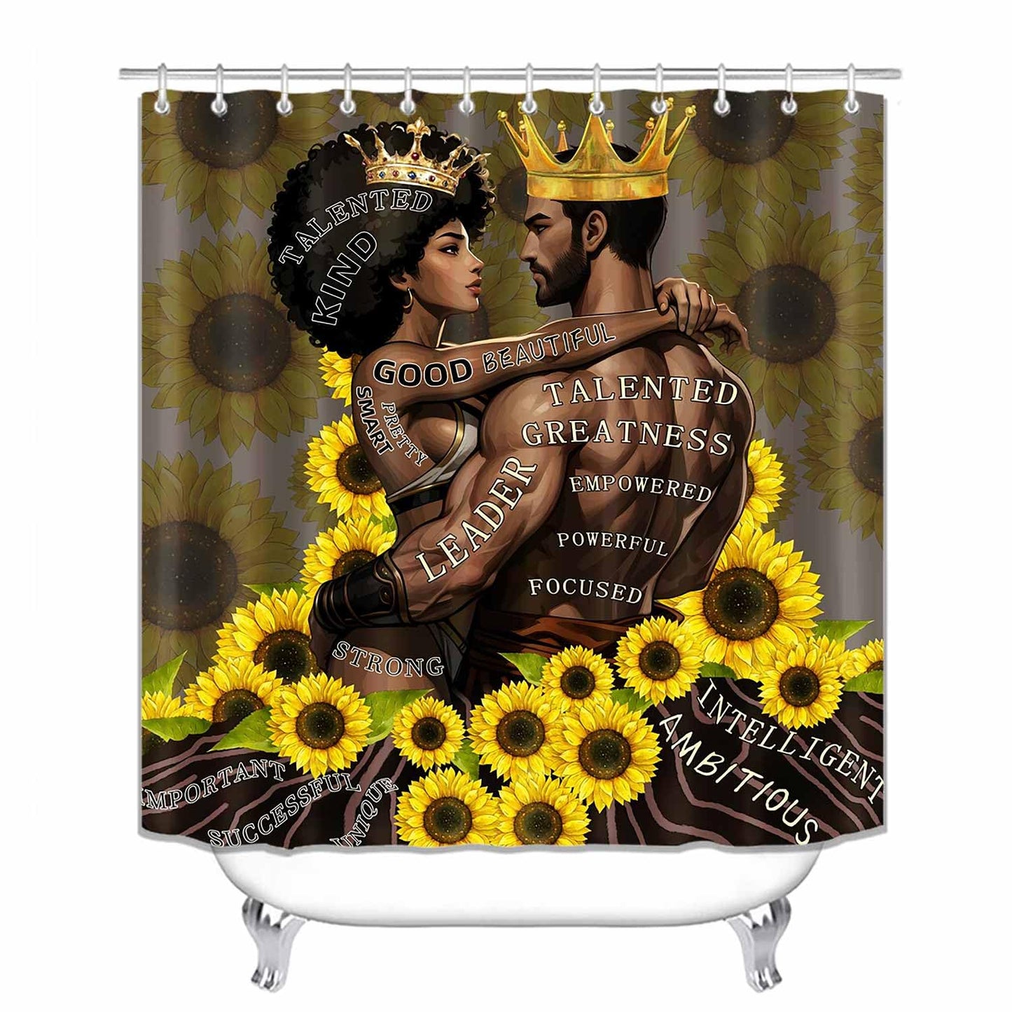 OLEBETY 4PCS African American Shower Curtain Sets with Rugs, Inspirational Quotes Shower Curtain, Sunflower Luxury Gold Crown Black King and Queen Men Women Romantic Afro Couple Lovers Bathroom Decor