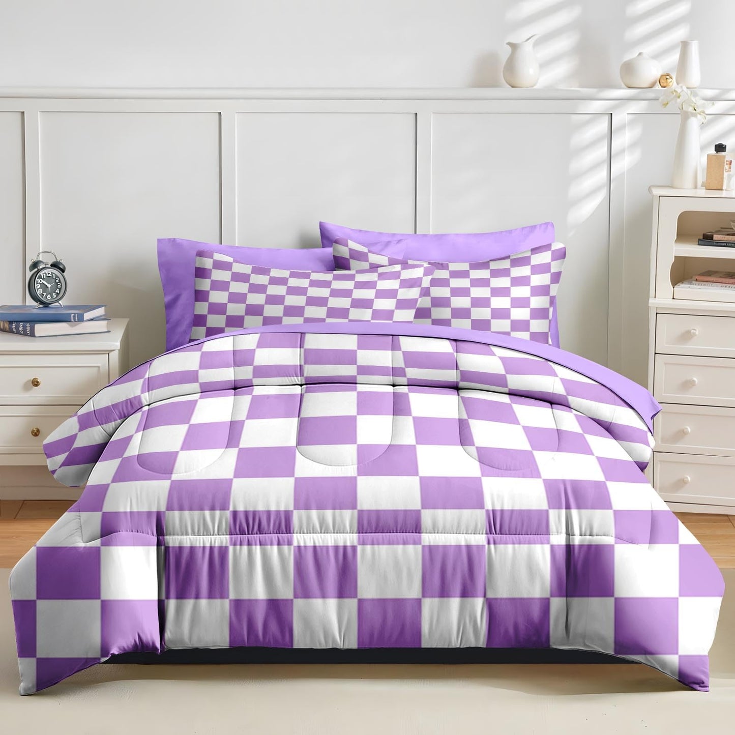 Nesker Comforter Set Queen Size, Purple Plaid Gingham 7 Pcs Bedding for Kids and Adults, Checkerboard Grid Bed Sheet Sets with Fitted Sheet 2 Pillowcases & 2 Shams