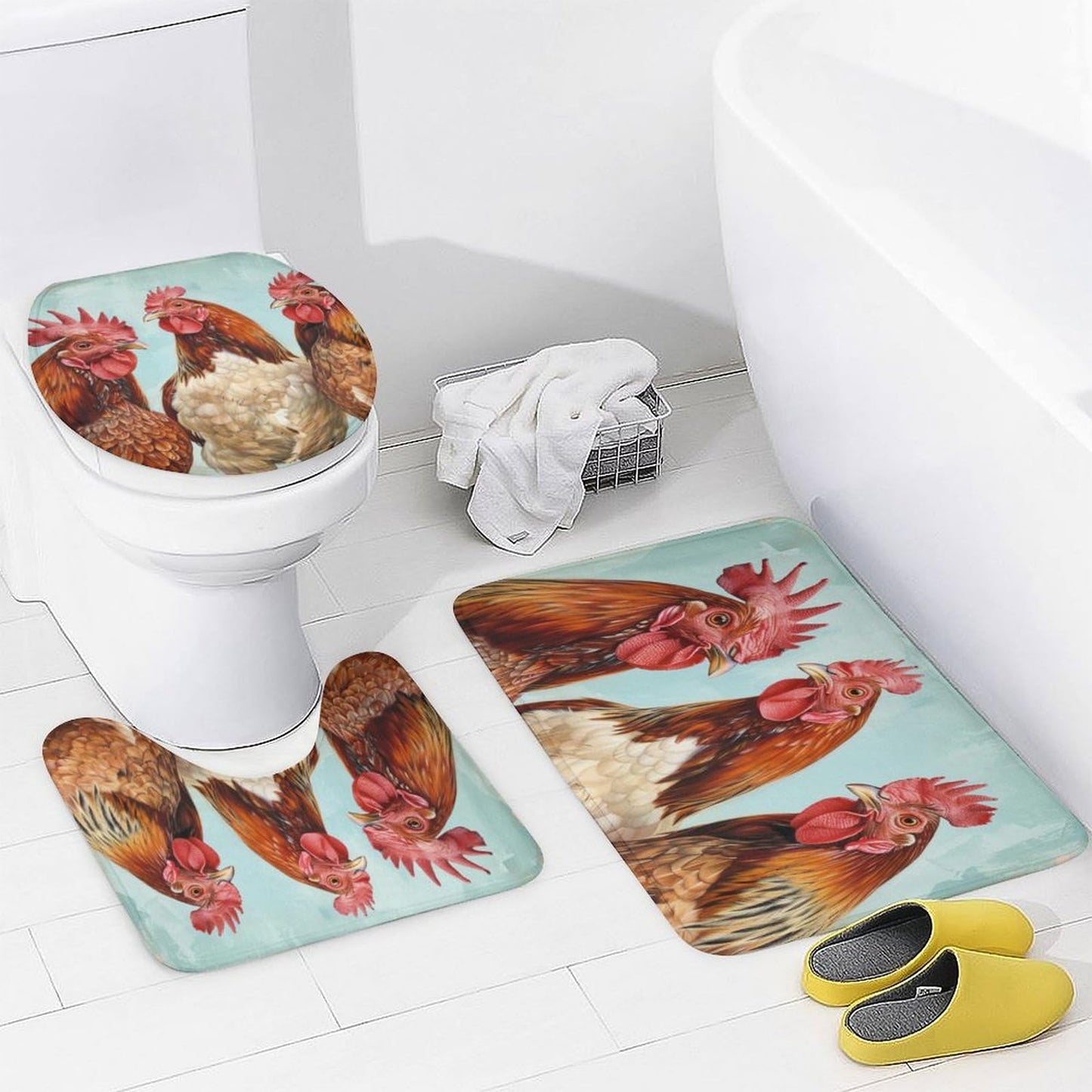 FOCCAFB 4PCS Modern Animals Bathroom Set with Rugs and Toilet Lid Cover Rustic Farmhouse Chicken Waterproof Shower Curtain Set for Bathroom Decor