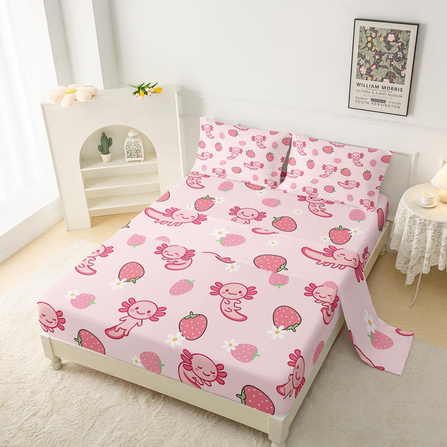 QOOMO Pink Axolotl Microfiber Flat Fitted Sheets Set for Children Kawaii Strawberry Kids Sheet Set Cute Sea Creature Super Soft Kids Bedding Set Queen Size 1 Fitted Sheet, 1 Flat Sheet, 2 Pillow Cases