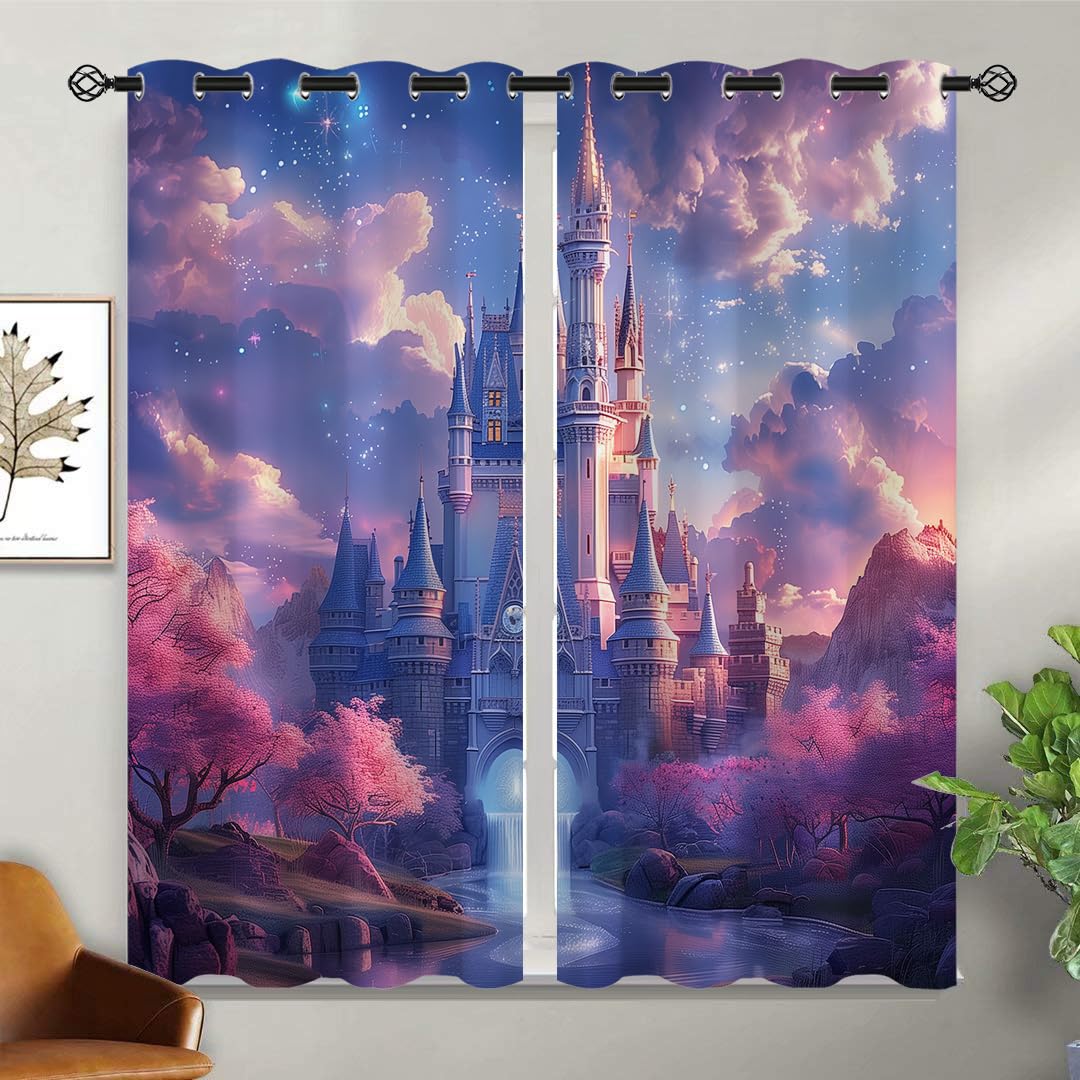 Magic Castle Blackout Curtains for Girls Boy Home Decor, Princess Castle Fairy Tale World Grommet Thermal Insulated Drapes Darkening Window Curtain for Bedroom Living Room, 42 x 45 Inch