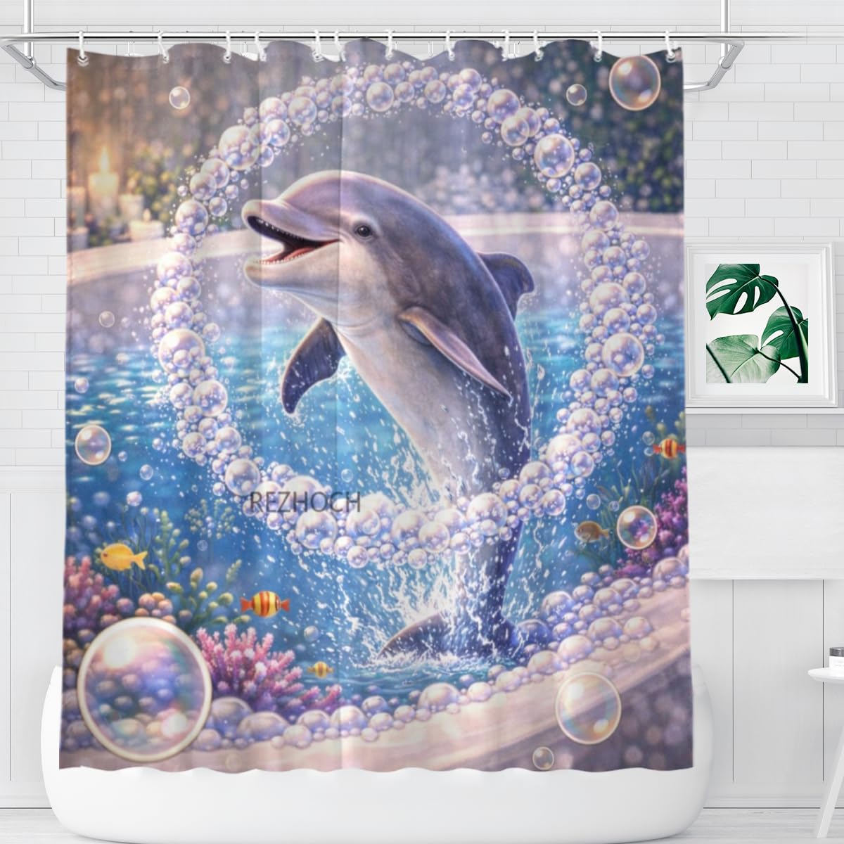REZHOCH Funny Dolphin Shower Curtain 72x72 Inch,Cute Animal Bubble Bathroom Decor,Lovely Bathtub Waterproof Fabric Modern Art Humor Farmhouse Home Bath Set with 12 Hooks