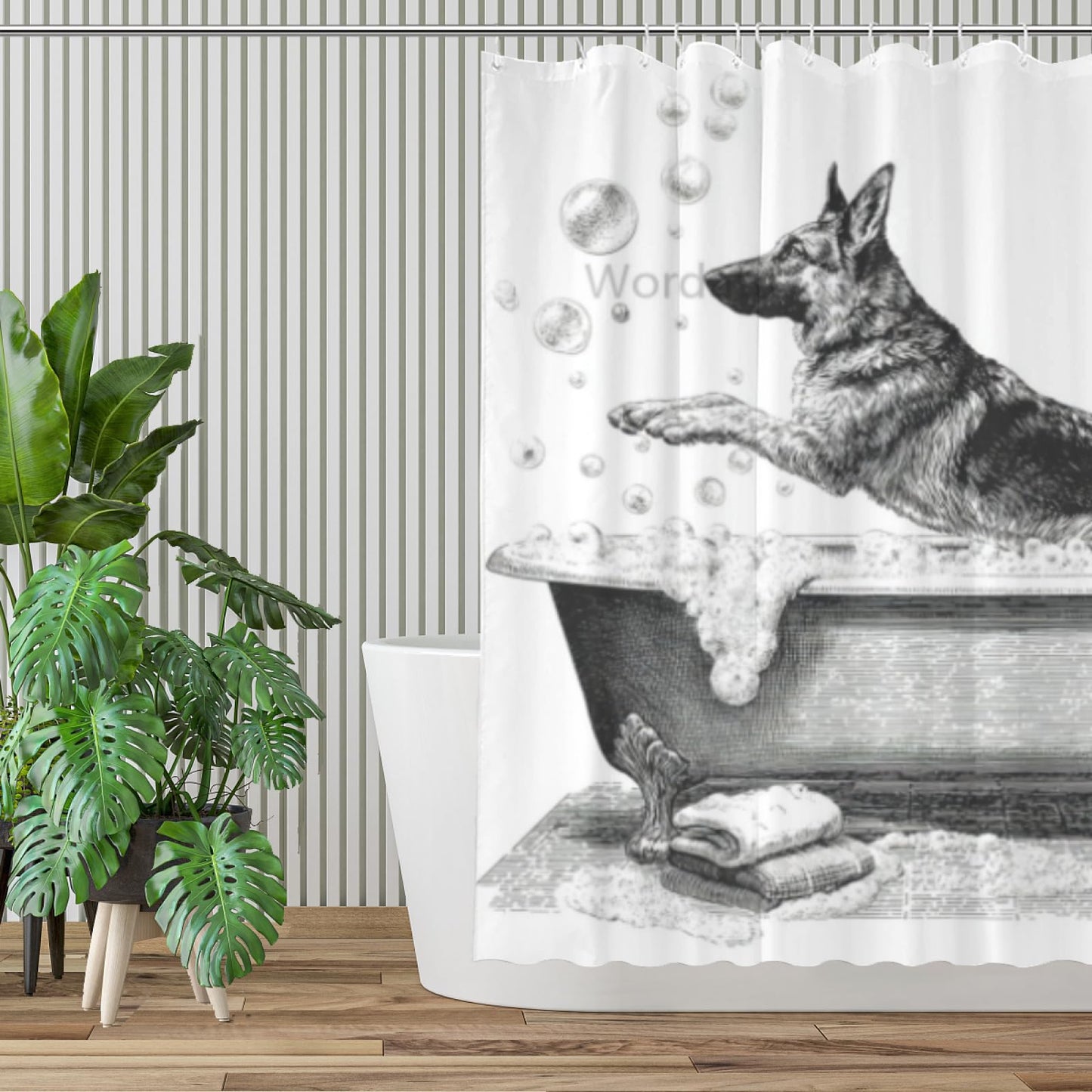 Wordatu German Shepherd Shower Curtain Bathroom Set 72x72 Inches Cartoon Cute Kids Sketch Animal Pet Dogs Lover Bath Accessories Dog Art Home Decor Fabric 12Hooks