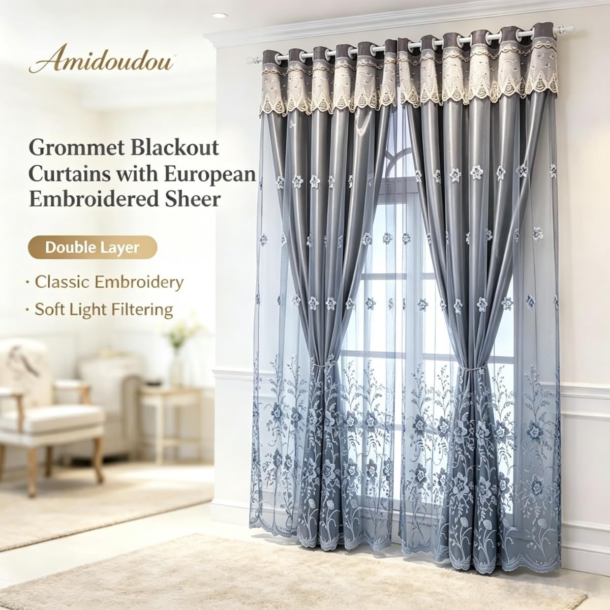 Amidoudou 1 Pair European Double Layer Curtains for Living Room Bedroom Luxury Flower Embroidered Curtains with Valance (Grey,52x95 Inch)