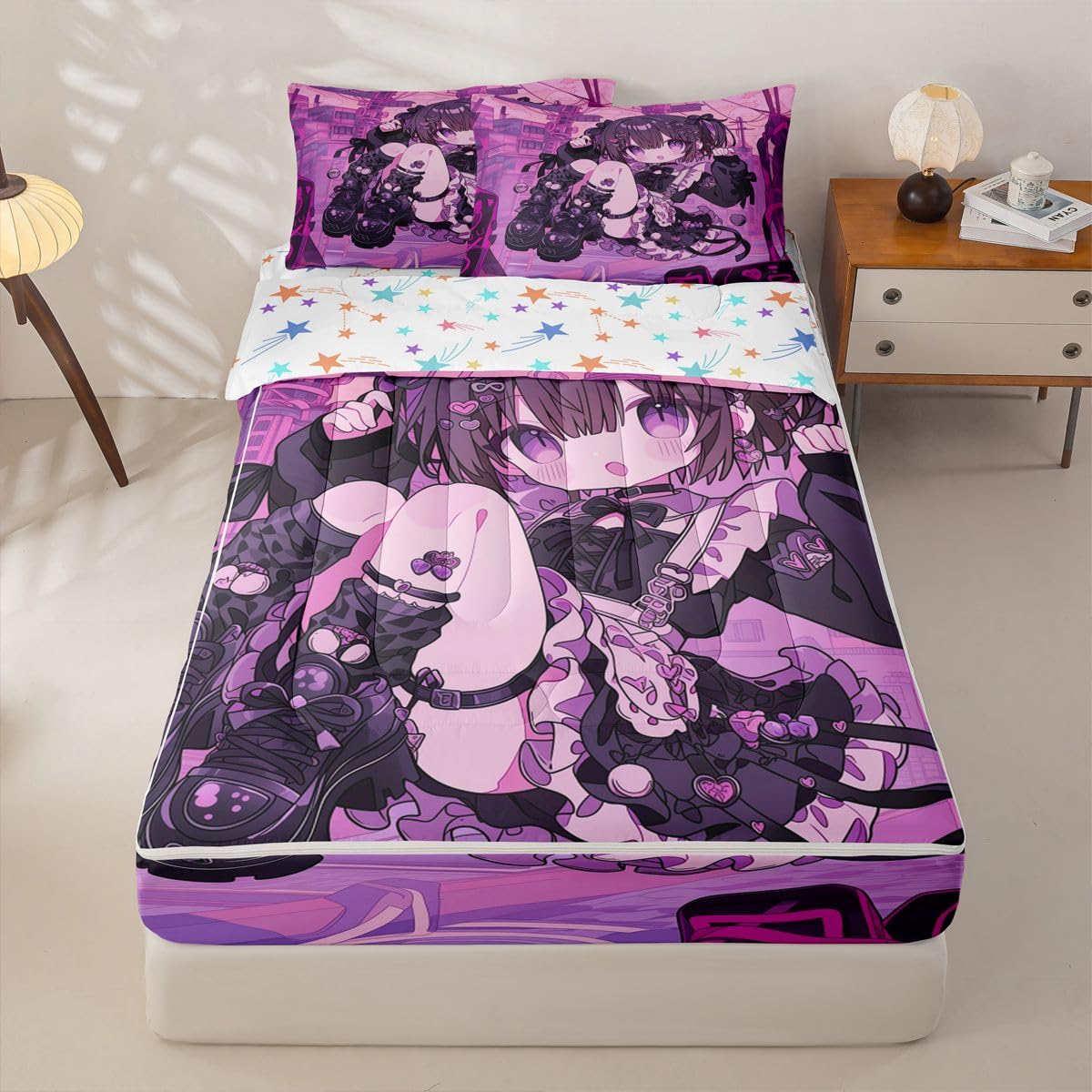 Erosebridal Kawaii Anime Girl Zipper Bedding Twin Size, 3D Japanese Style Kids Comforter Set - Uniform Girls Zip Up Comforter Bed in A Bag