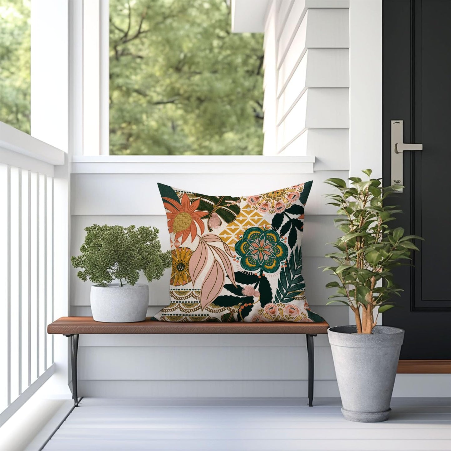 Jartinle Boho Floral Outdoor Pillow Covers 18x18 Waterproof Set of 2 Blooming Flower Leaves Pattern Porch Pillow Covers for Patio Furniture