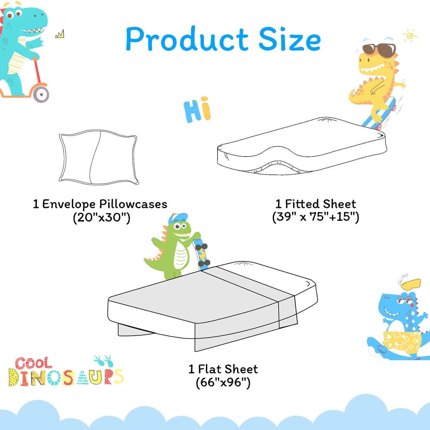 JSD Sports Dinosaur Kids Sheet Set Twin Size, 3 Piece Blue Printed Microfiber Sheets Deep Pocket