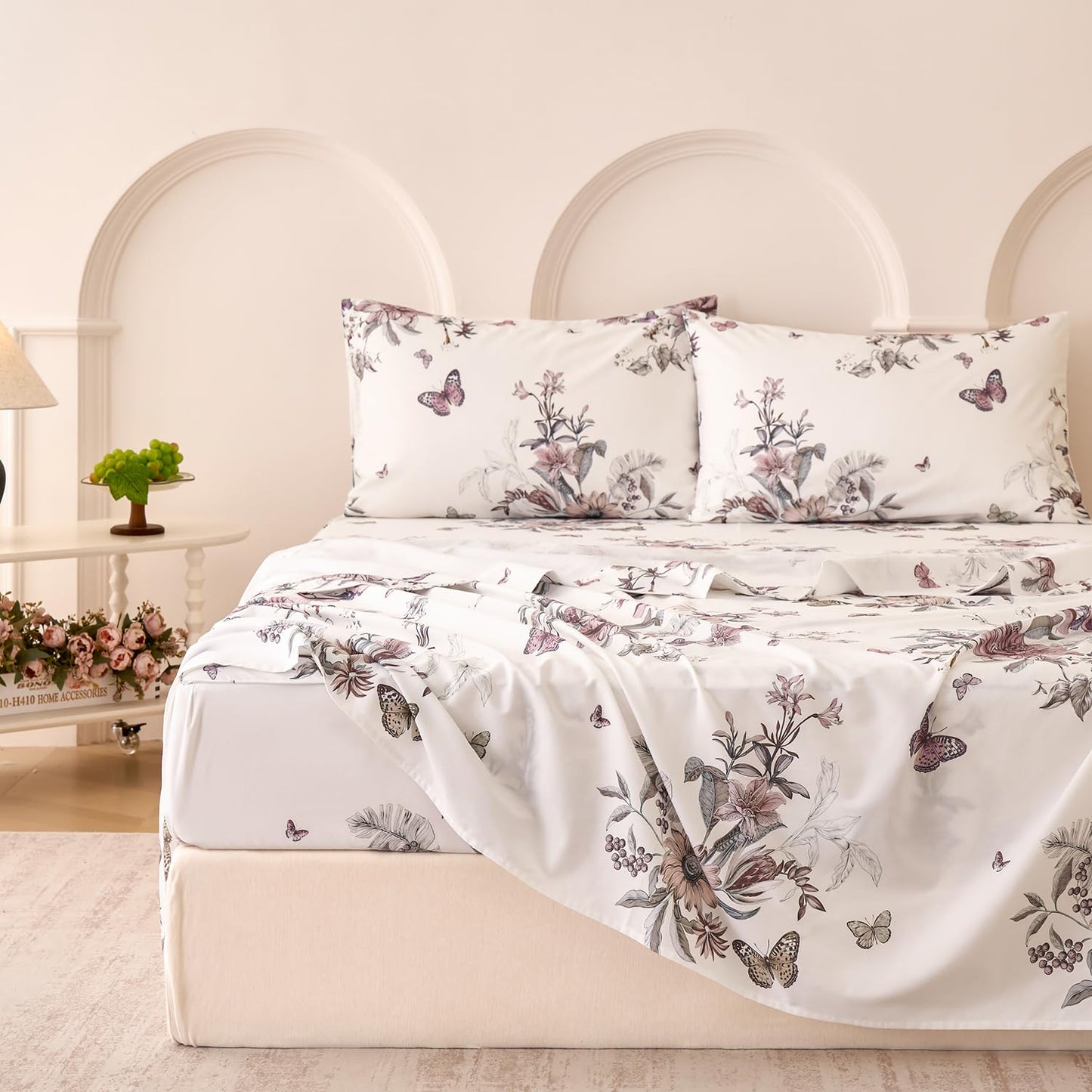 Huborise King Size Sheet Set Dusty Rose Floral Bed Sheets 100% Cotton 4Pcs, Light Pink Flower & Butterfly Printed Bed Set with Deep Pocket 17.5", Soft Breathable & Crisp, Luxury French Country Style