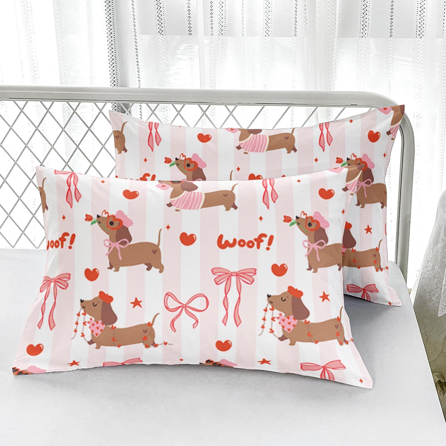AILONEN Cute Dachshund Dog Themed Full Bedding Set,Pink Bow Heart Sausage Dog Fitted Sheet with 2 Pillowcases,Kawaii Soft Sheet Set